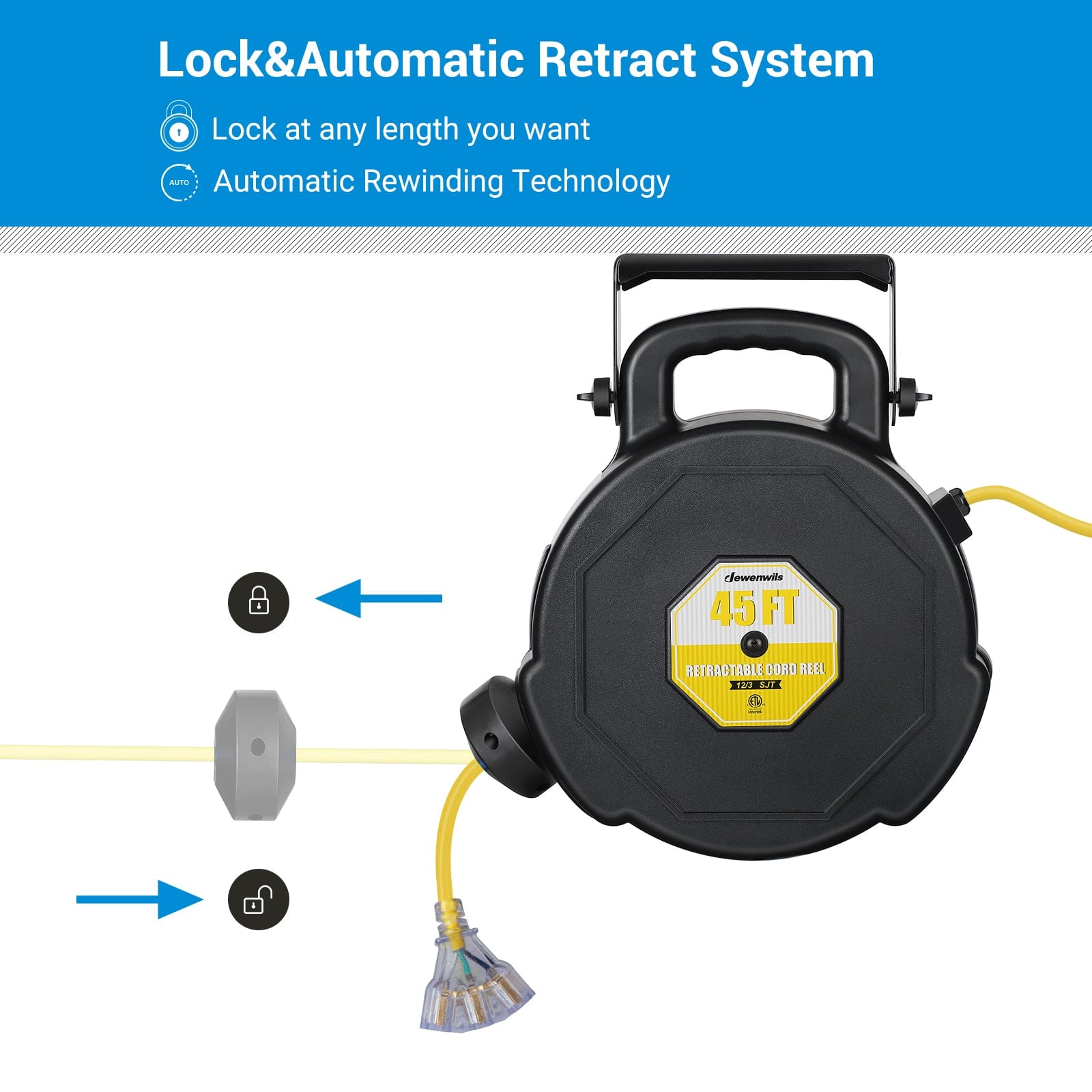 45ft retractable extension cord reel with lockable lengths and automatic rewinding system.