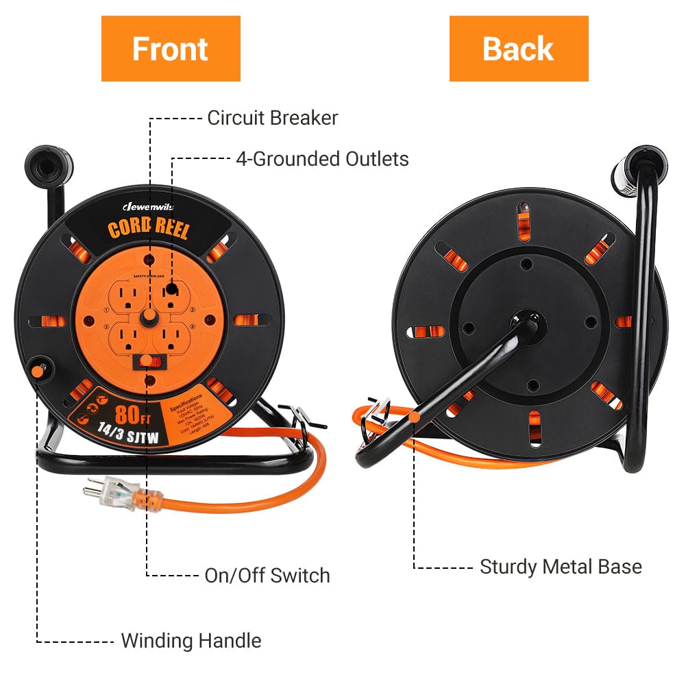 Dewenwils 80ft Retractable Extension Cord Reel, Heavy Duty Open Cord Reel