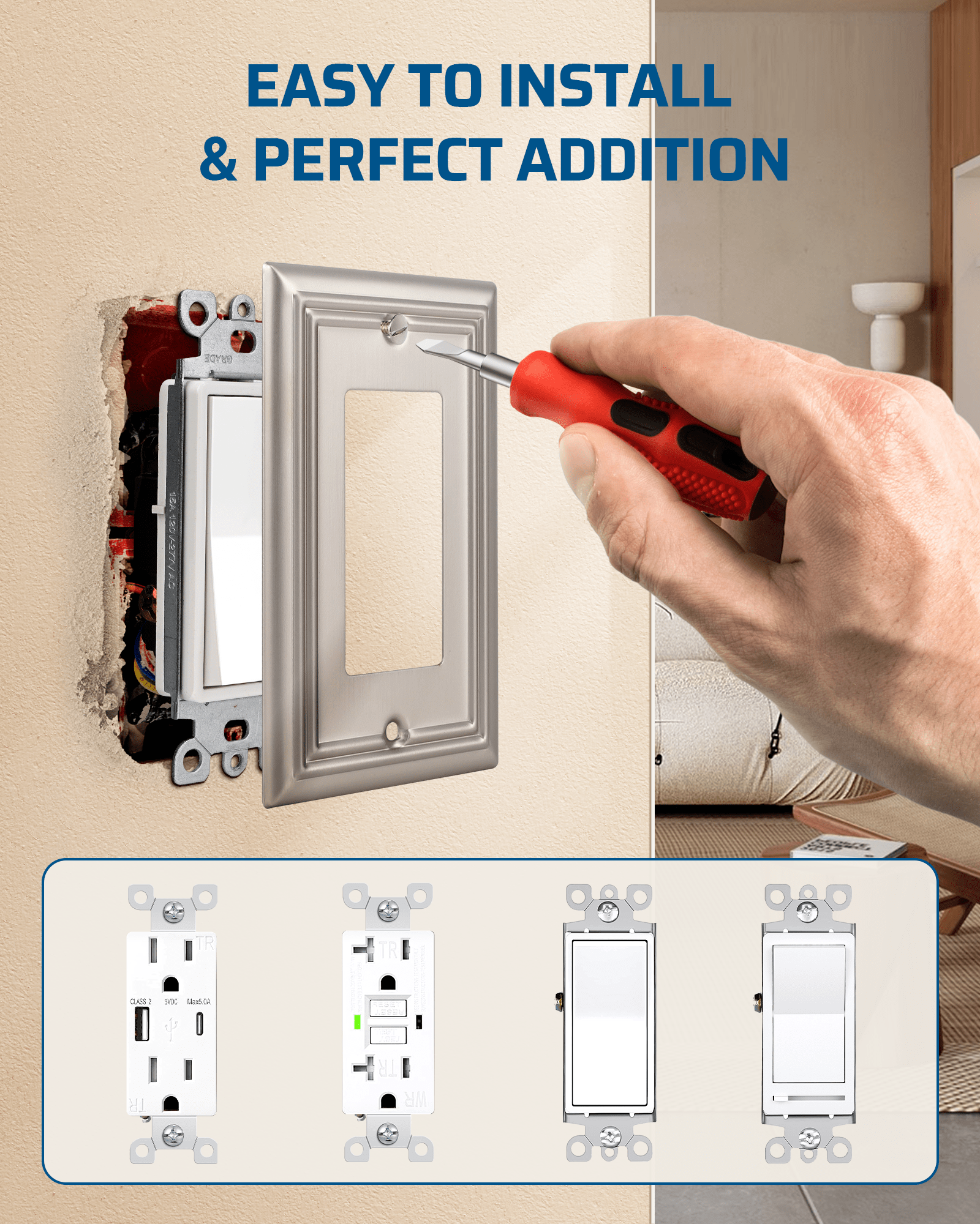 DEWENWILS 4-Pack Metal Wall Outlet Cover, Decorator Wall Plates for Receptacle, GFCI Outlet, Dimmer Switch, Satin Nickel-HRWP14A