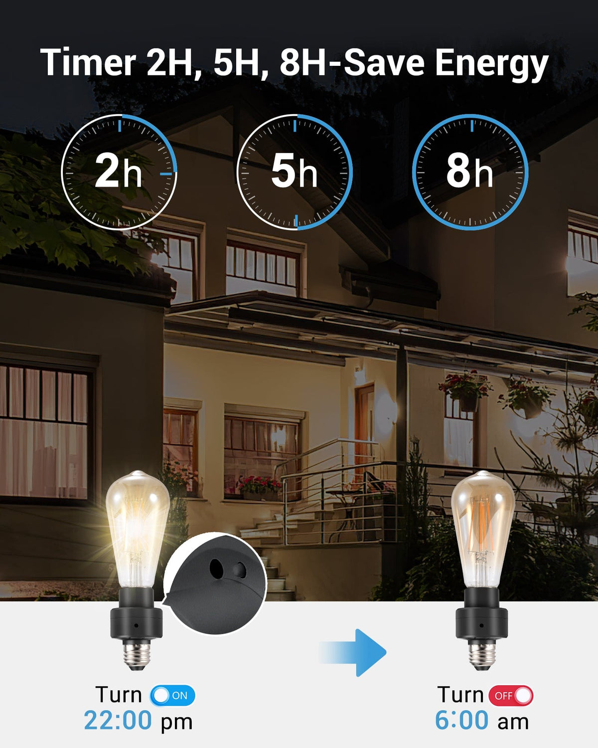 Dusk to Dawn Light Sensor Socket features 2H, 5H, and 8H timer settings to automate lighting schedules, save energy, and enhance convenience