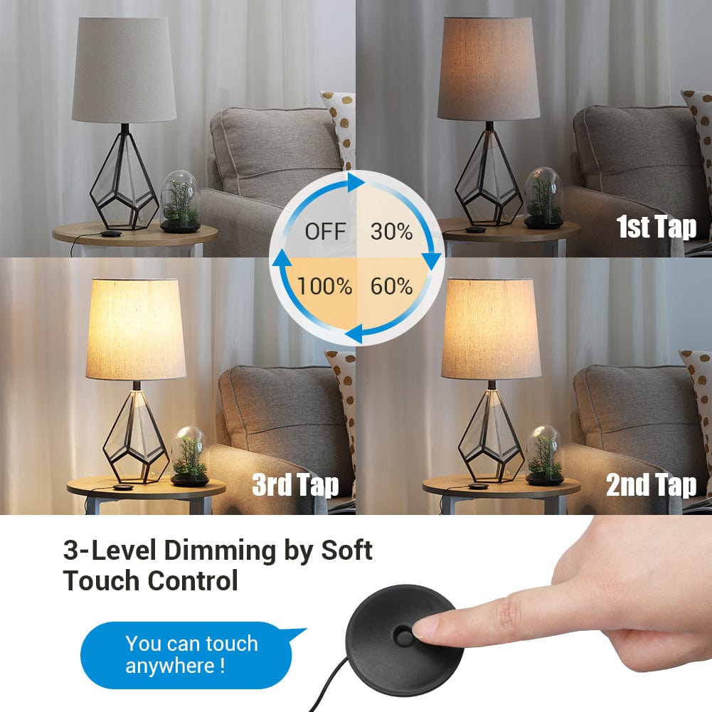 Dimmer switch features 3-level dimming via soft-touch control, supporting up to 75W LED and 200W incandescent bulbs for customized, effortless home lighting