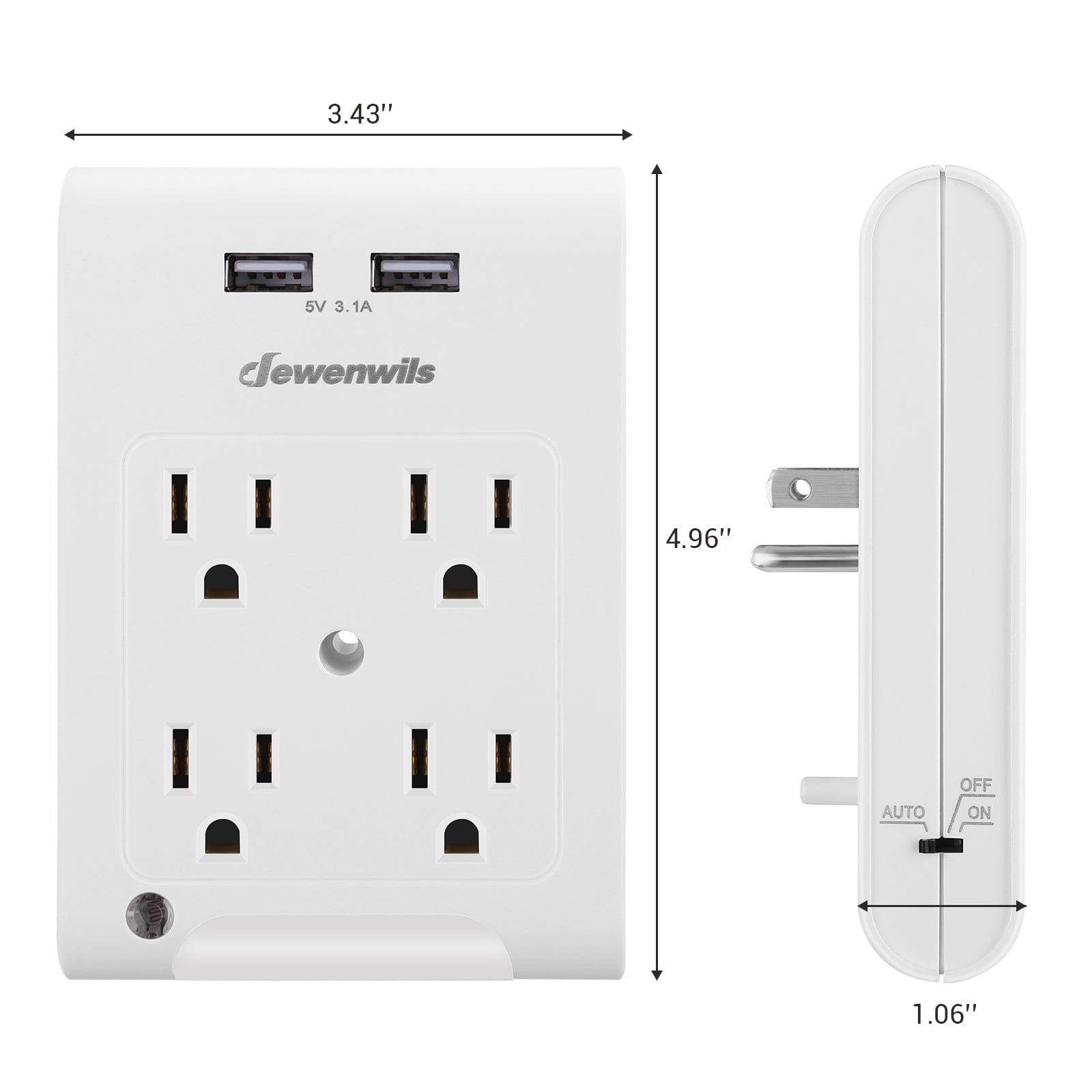 DEWENWILS 4-Outlet Extender, Wall Outlet Adapter with 2 USB Ports (3.1A Total), Light Sensor Night Light, 1080 Joules Surge Protector-HOU402C