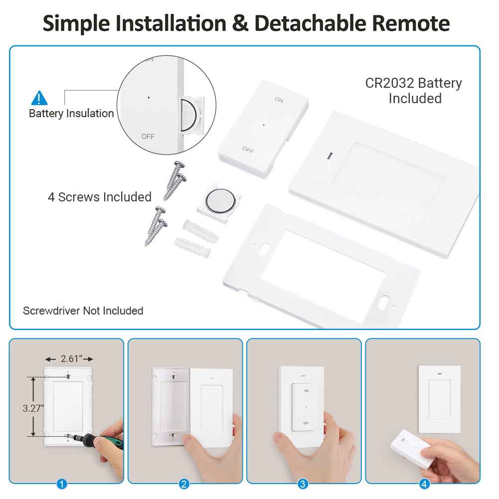 Remote Control Outlet: Simple installation with detachable remote, includes CR2032 battery with insulation tab and 4 screws for easy setup and flexible mounting options
