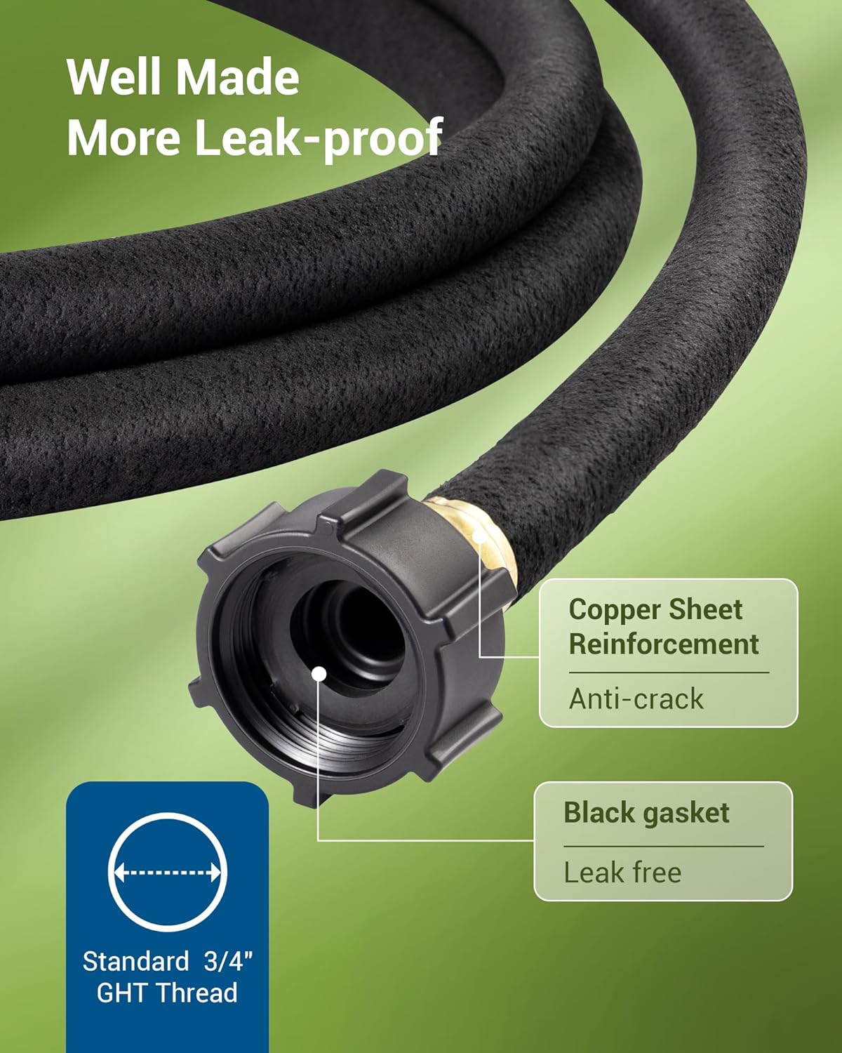 Soaker Hose: well-made with 3/4" GHT thread, copper reinforcement, black gasket, anti-crack design, and enhanced leak-proof performance