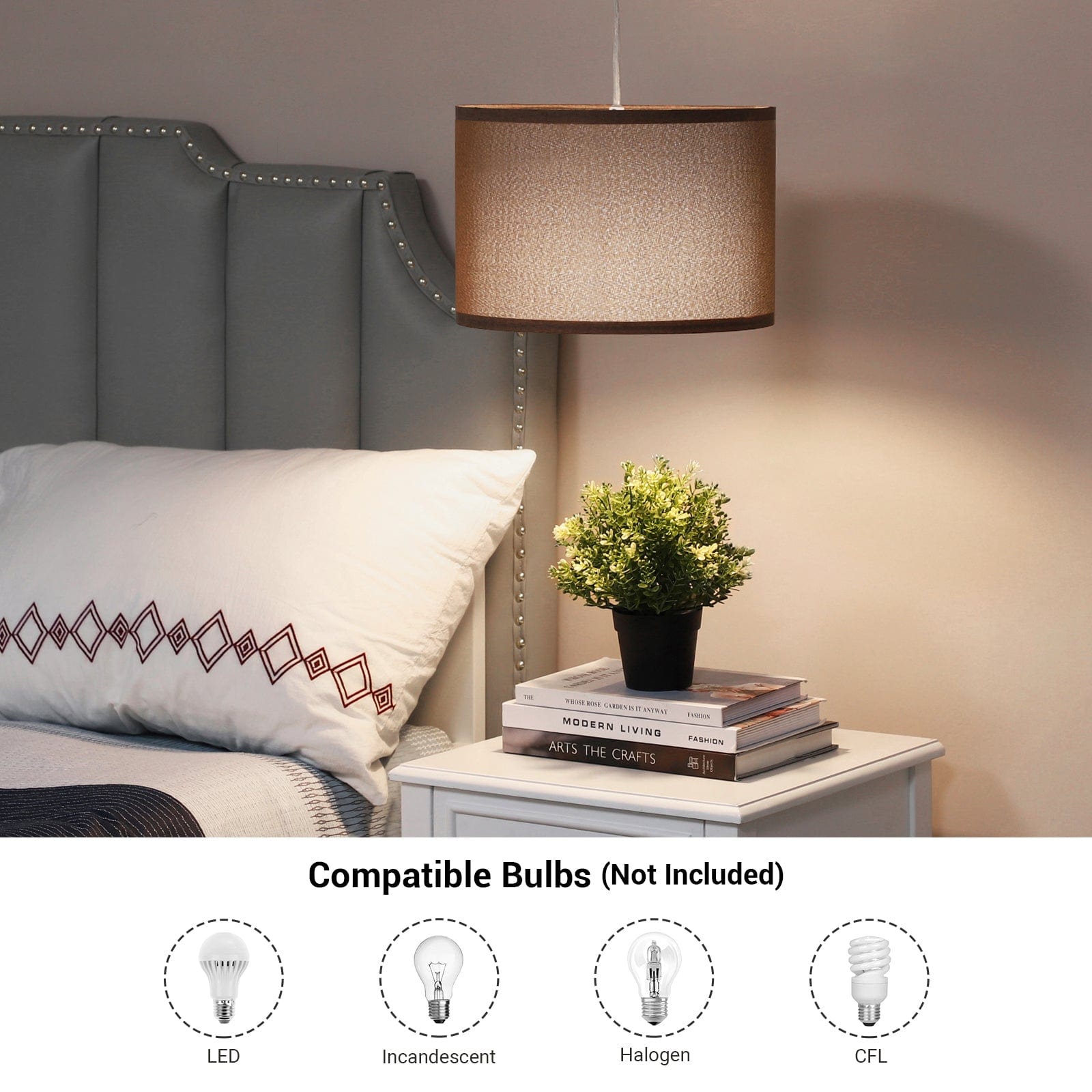 DEWENWILS Plug in Pendant Light, Hanging Lamp with 15Ft Clear Cord, On/Off Switch, Fabric Lamp Shade, Hanging Light Fixture for Bedroom, Kitchen, Living Room, Dining Table-WHPIP09D
