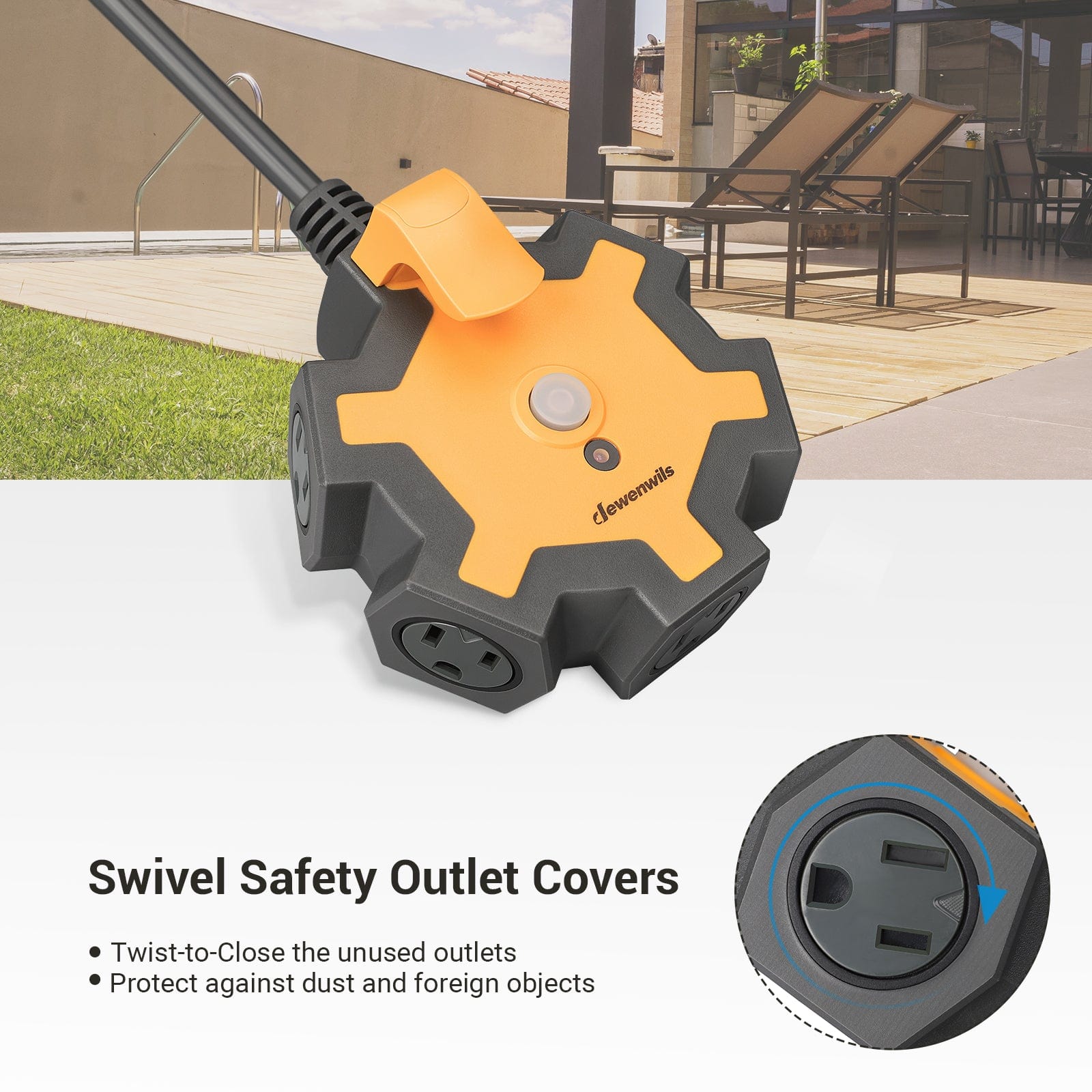 DEWENWILS 5-Outlet Power Strip with 25ft Heavy Duty Extension Cord, 14/3 SJTW for Garage, Workshop, 15A Circuit Breaker, Swivel Safety Covers-HOU525B