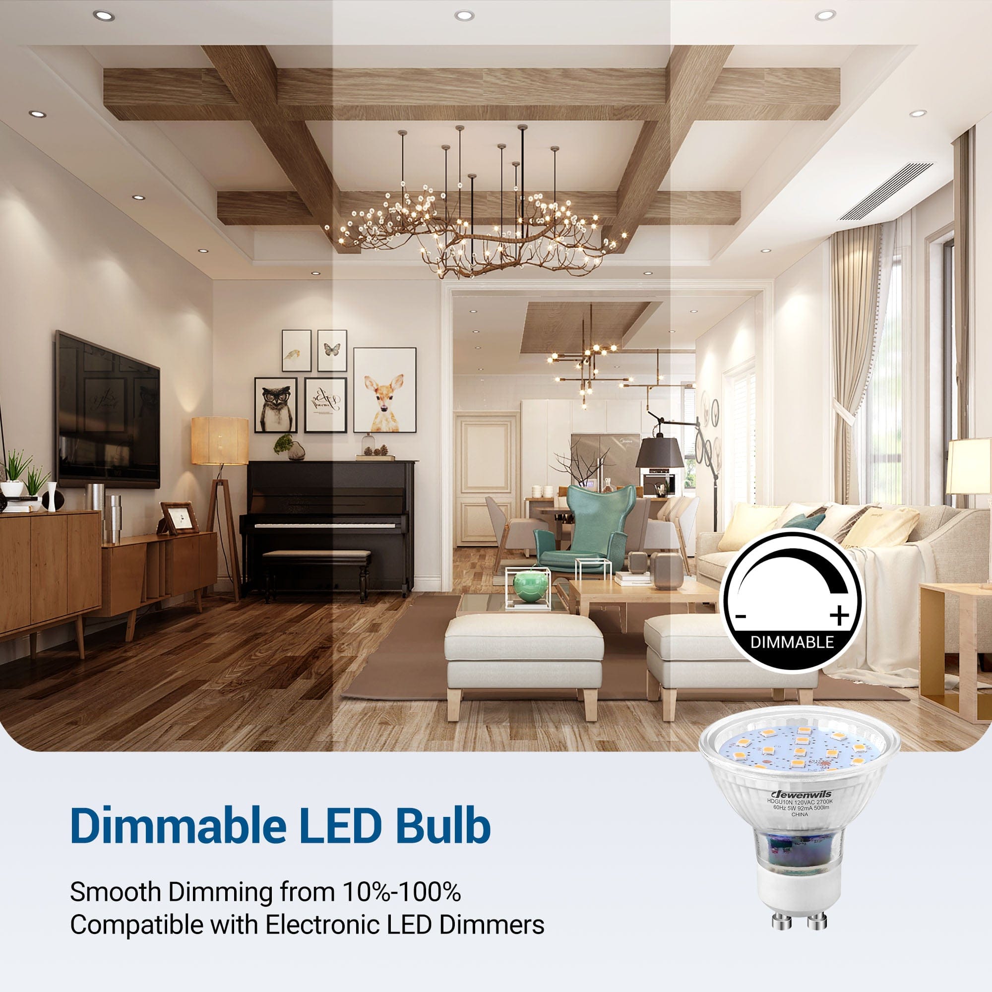 DEWENWILS Warm White Light GU10 LED Bulb Dimmable, 2700K  Two Prong Light Bulb, 5W(50W Equivalent), Track Light Bulbs for Kitchen Range Hood, Living Rroom, 120°Beam Angle, 500LM (10 Pack)-HDGU10N