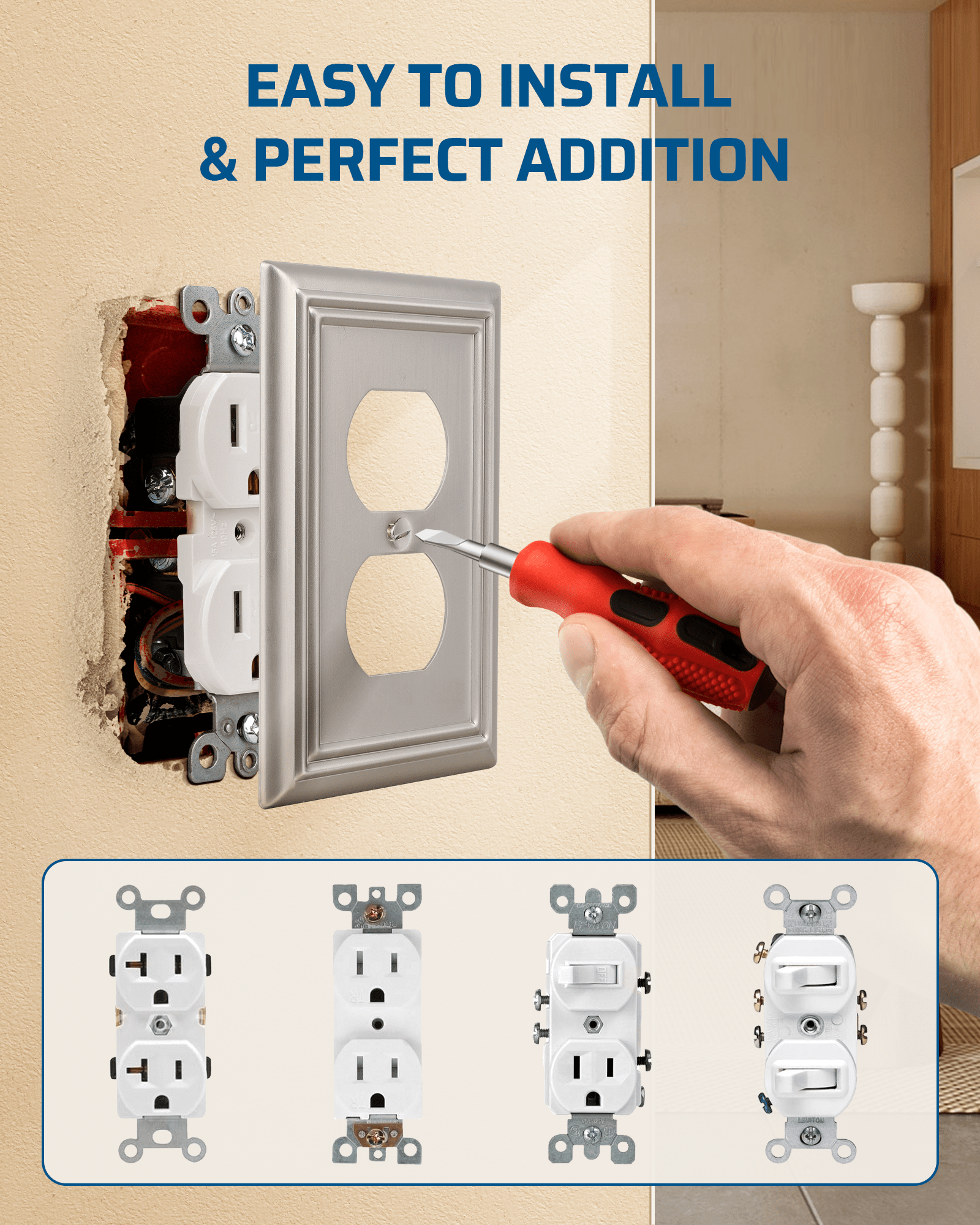 DEWENWILS 4-Pack Duplex Wall Plate, Metal Wall Outlet Cover for Receptacle, Light Switch, Brushed Nickel-HDWP14A