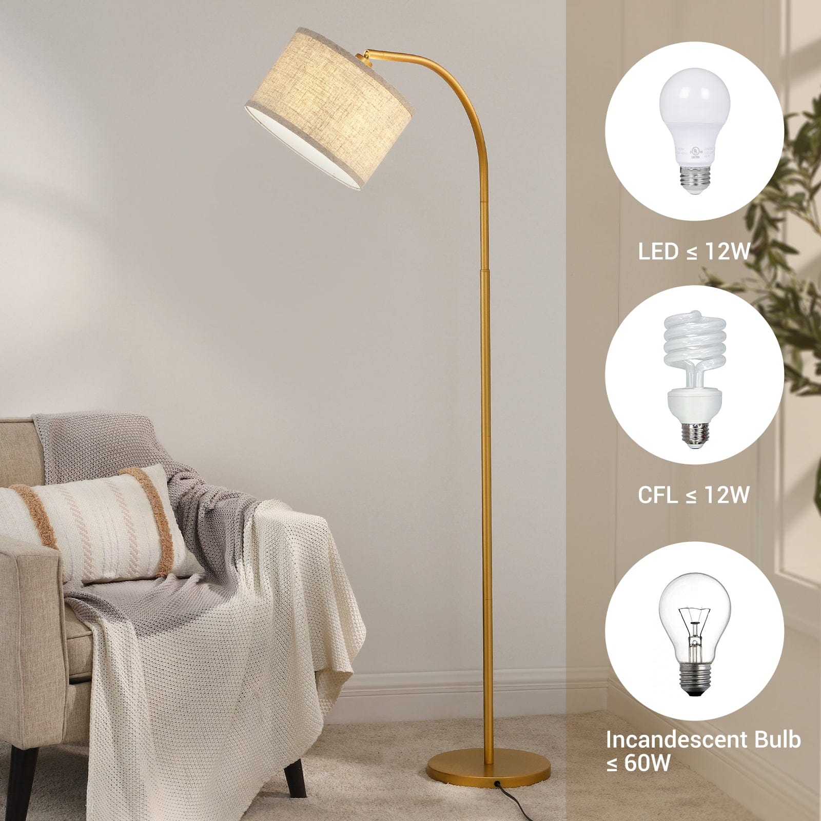 DEWENWILS Modern Gold Arched Floor Lamps with Adjustable Lampshade, Standing Tall Arc Lamp, Corner Reading Light for Living Room, Bedroom, Office, Simple Design Farmhouse Style (Gold)-HLFL04F