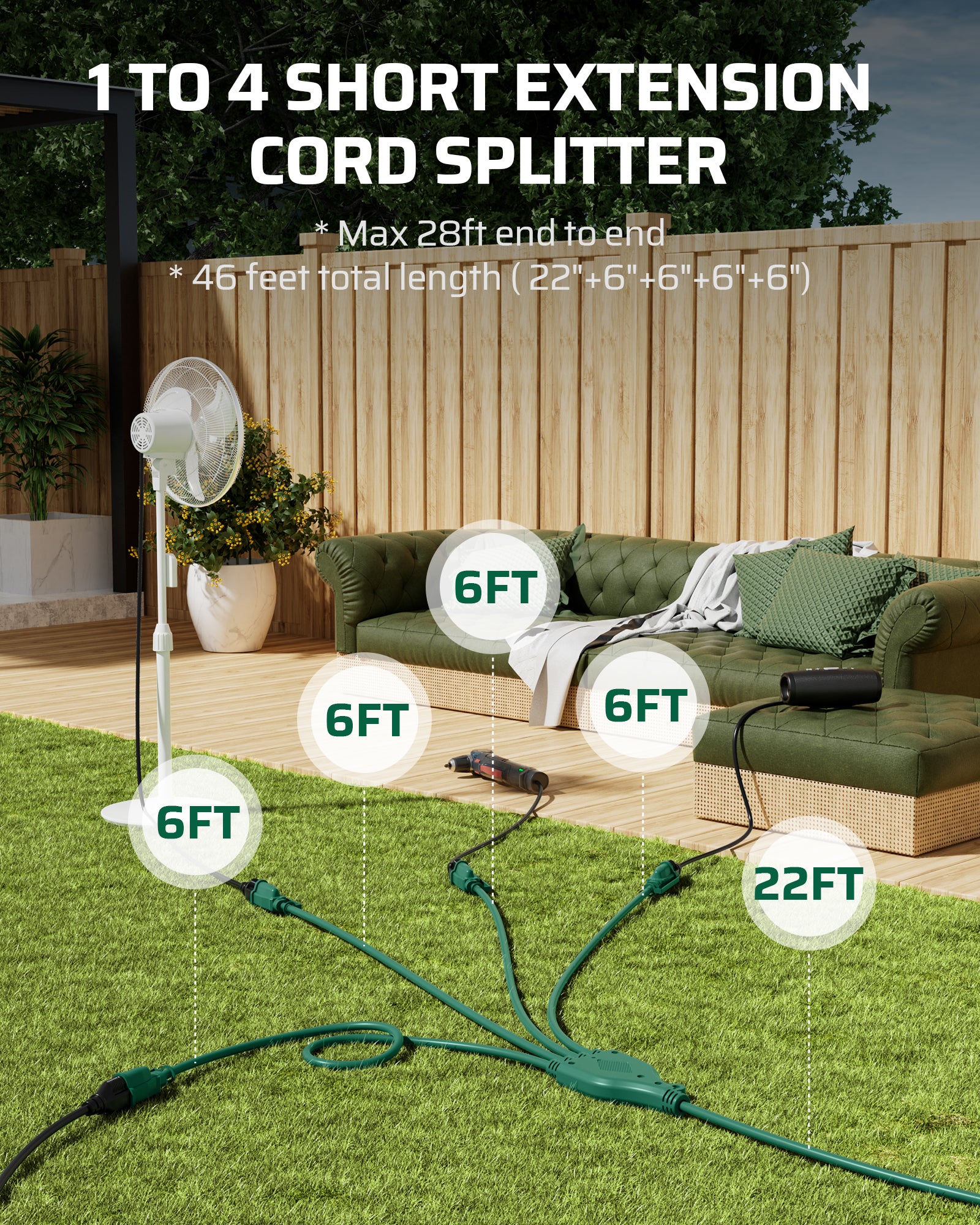 DEWENWILS Total 46FT Outdoor Extension Cord with 1 to 4 Splitter (22+4 * 6FT, Max 28FT from End to End), Green Extension Cord, SJTW Outdoor Extension Cord-HSC104E