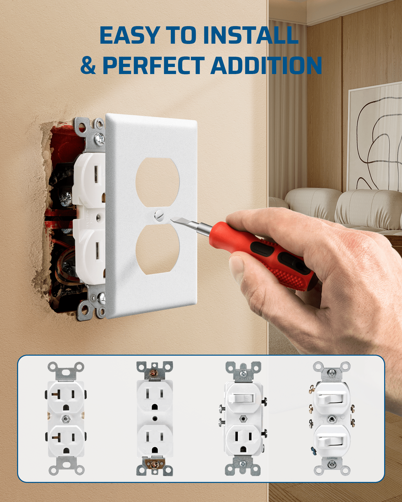 DEWENWILS Metal Duplex Wall Plate, Electrical Outlet Cover Plates, Dual Electric Receptacle Plug Covers for Living Room, Bedroom, Bathroom, Kitchen, Texture White (10-Pack)-HDWP05B