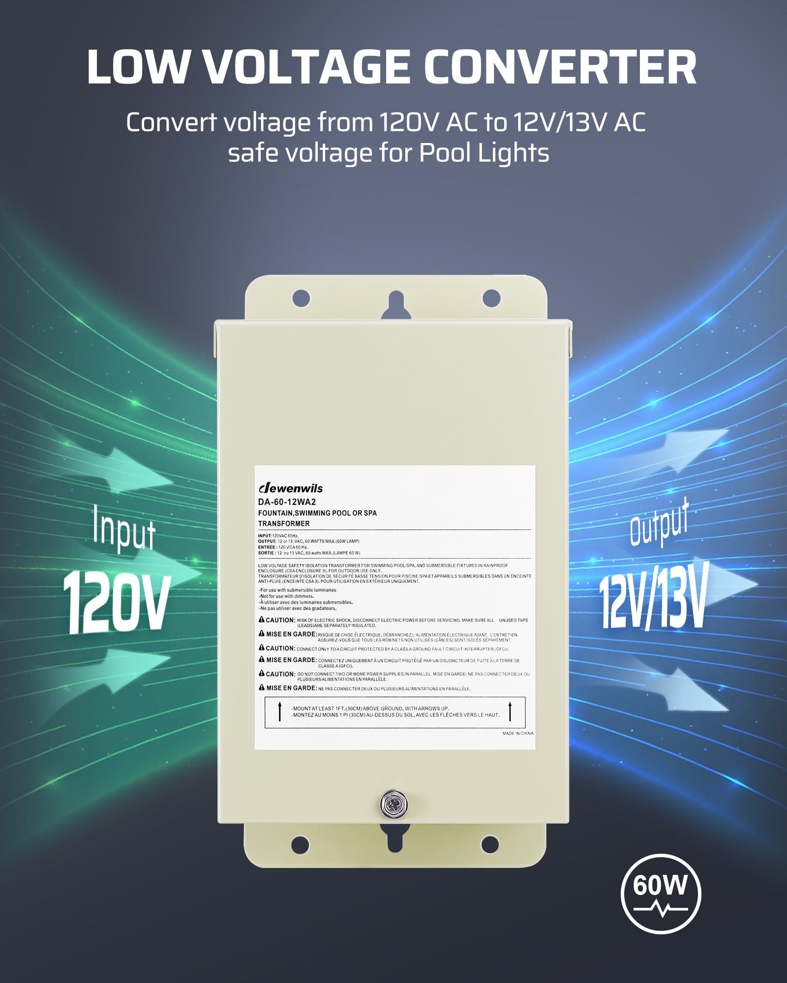 DEWENWILS 60W Pool Light Low Voltage Transformer, converts 120V AC to safe 12V/13V AC for pool lighting