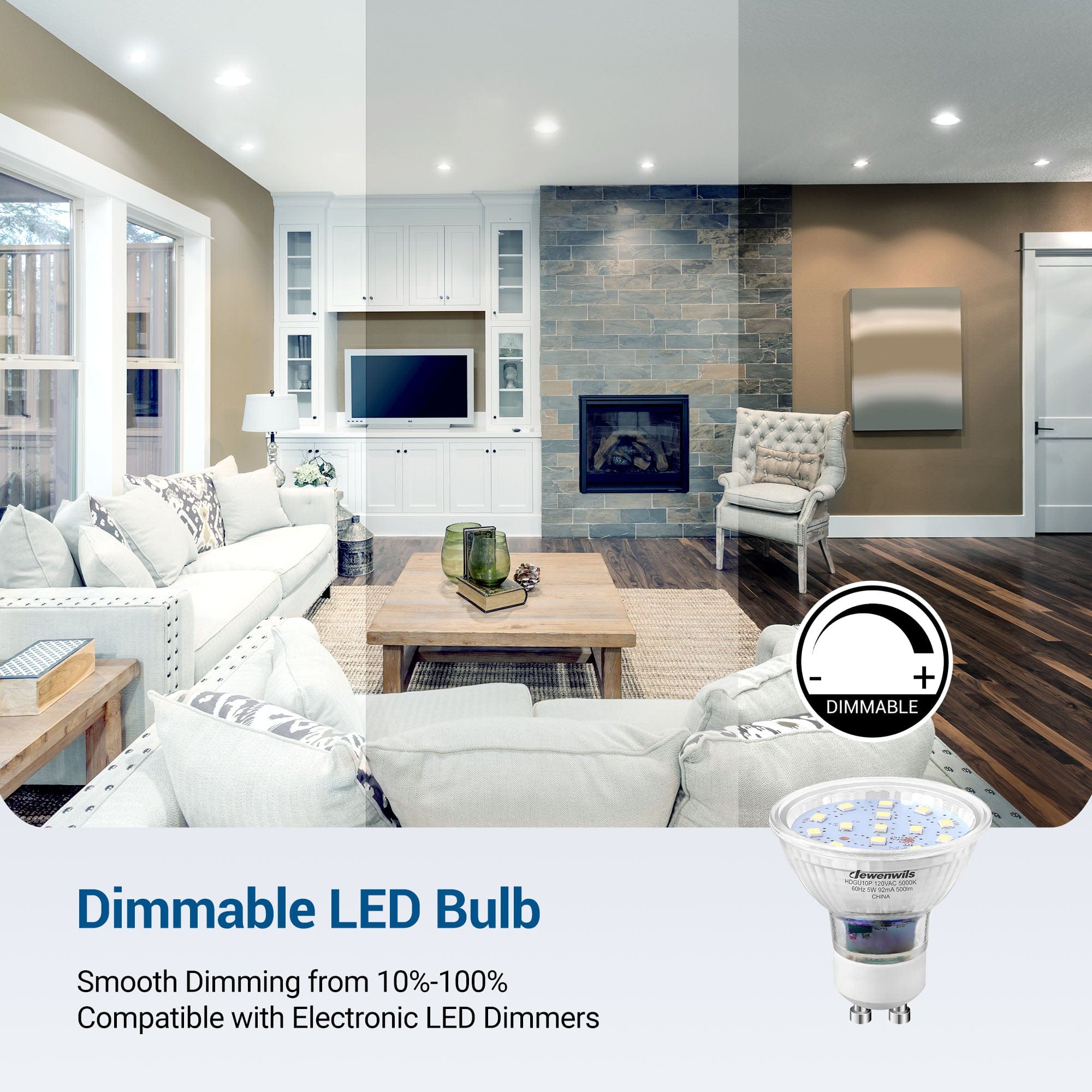 DEWENWILS Daylight GU10 LED Bulb Dimmable, 5000K , 5W(50W Equivalent), Track Light Bulbs with 120°Beam Angle for Range Hood, Living Rroom, Bathroom, 500LM, 10 Pack-HDGU10P