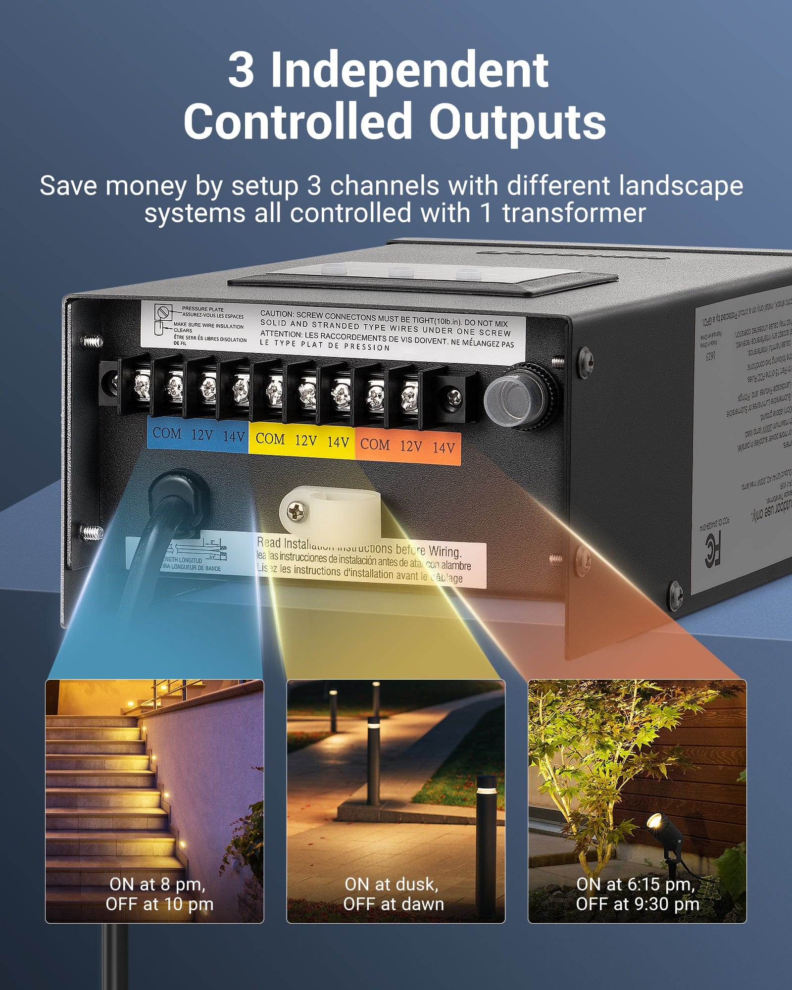 DEWENWILS 200W Low Voltage Transformer with 3 independently controlled outputs, allowing you to manage multiple landscape lighting systems with a single transformer and save energy