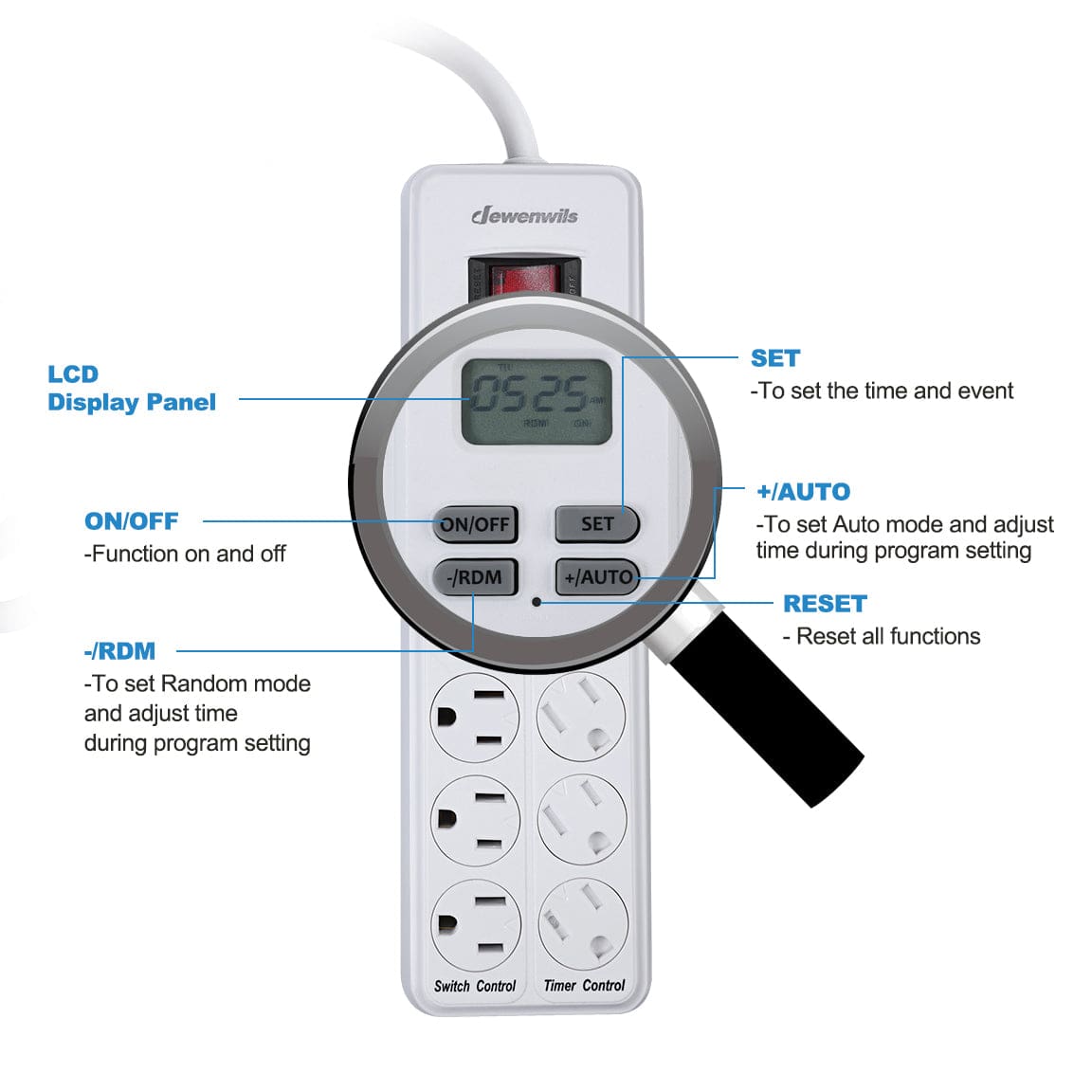 Power Strip with Timer: Features an LCD display with simple controls for setting schedules, auto mode, random mode, and easy timer programming with one-touch reset functionality