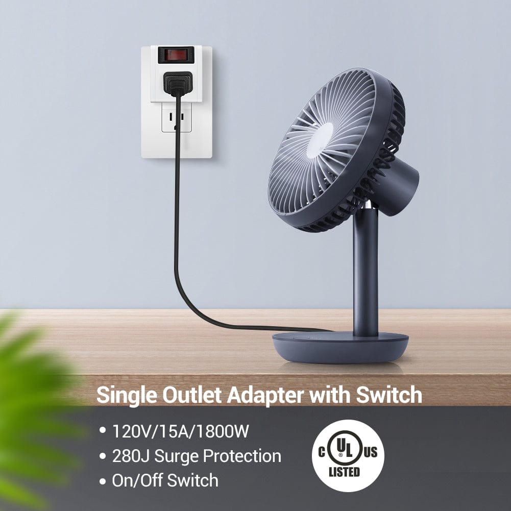 3 Prong Grounded Single Port Power Adapter for Outlet: single outlet adapter with switch, 120V/15A/1800W capacity, 280J surge protection, and UL-listed grounded safety design