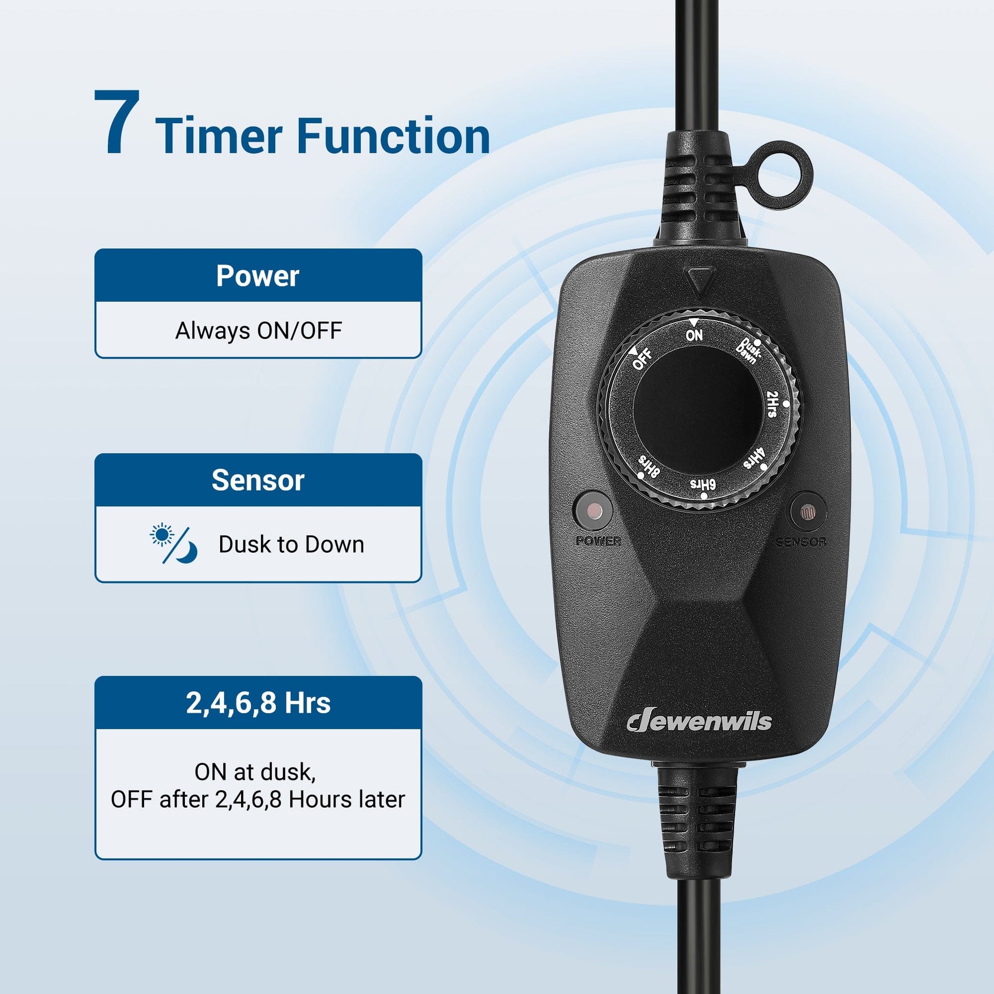 Outdoor Light Timer: Features 7 modes including Always ON/OFF, Dusk-to-Dawn, and 2/4/6/8-hour countdowns that turn off automatically after the set time.