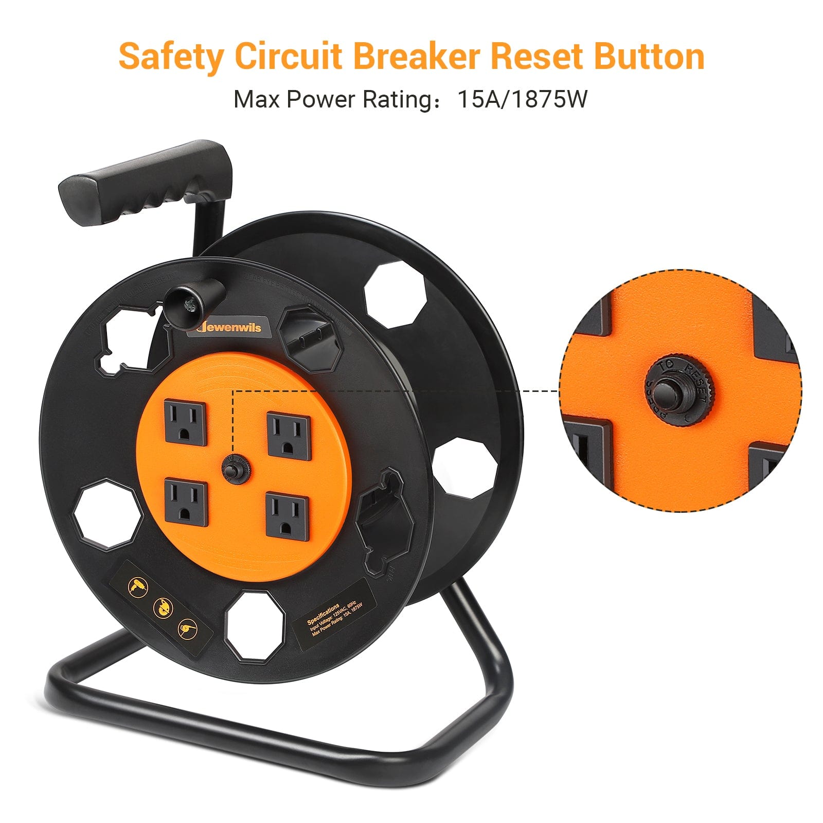 Extension Cord Storage Reel: Features 4 grounded outlets, 15A/1875W rating, winding handle, and safety circuit breaker with reset button for secure power storage.