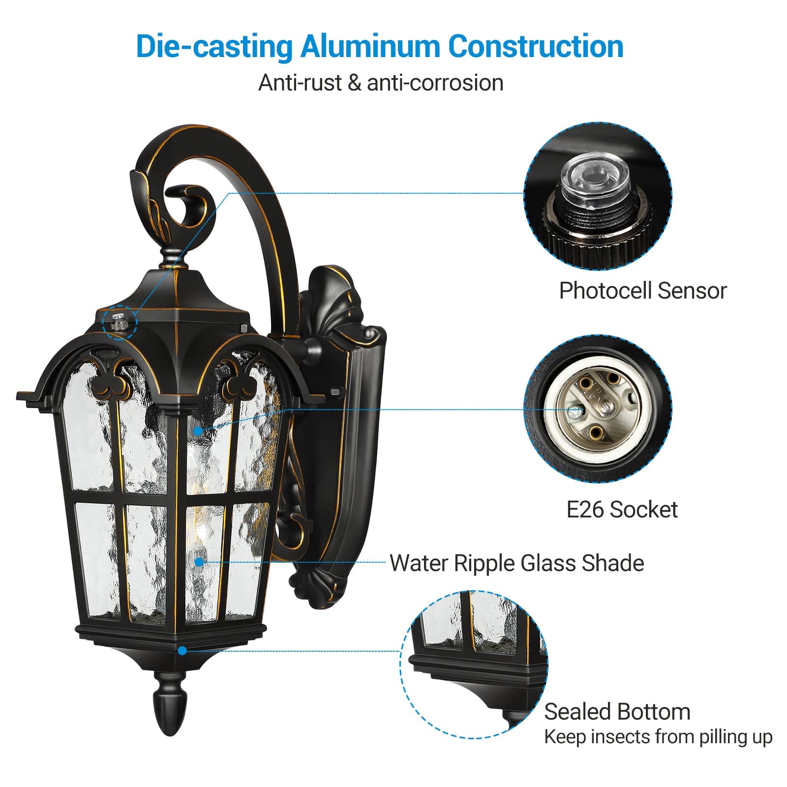 DEWENWILS Dusk to Dawn Outdoor Wall Light Fixture Wall Mount, Black Roman 17.7" H Exterior Wall Lantern Porch Light, Waterproof Outdoor Wall Sconce Lighting Lamp for House Garage Doorway-HOWL06J