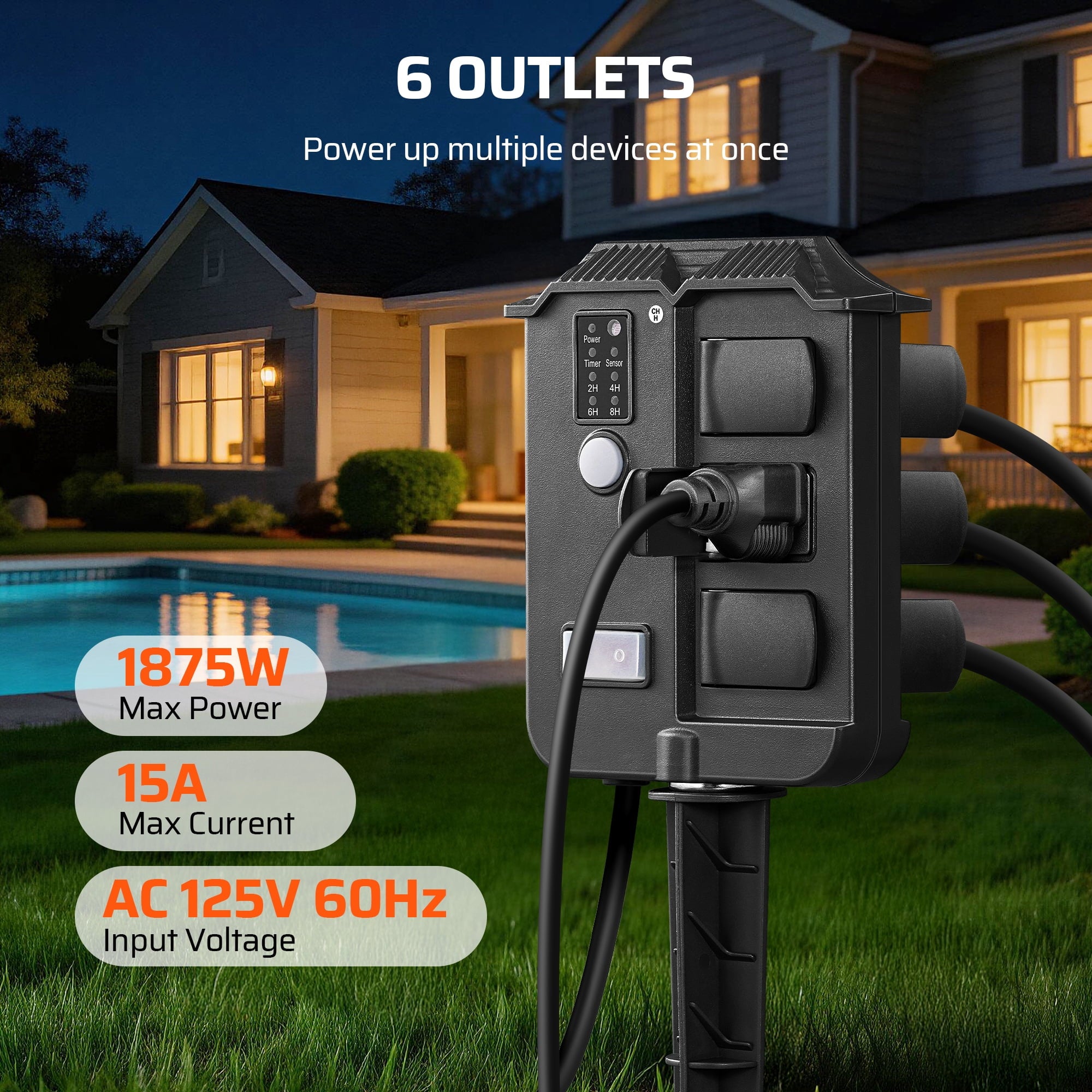 DEWENWILS Outdoor Power Stake Timer with Photocell, 100FT Remote Control, 6 Grounded Outlets, 30FT Extension Cord, Dusk to Dawn Timer for Christmas Lights, Holiday Decoration, Garden Lights