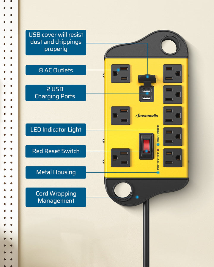 8-Outlet Surge Protector Power Strip with 2 USB Ports (2.1A Each) - 1440J Surge Protection, Circuit Breaker, 6FT Heavy Duty SJT 14/3C Cord, Flat Plug, 120V AC/5V DC Power Strip for Home