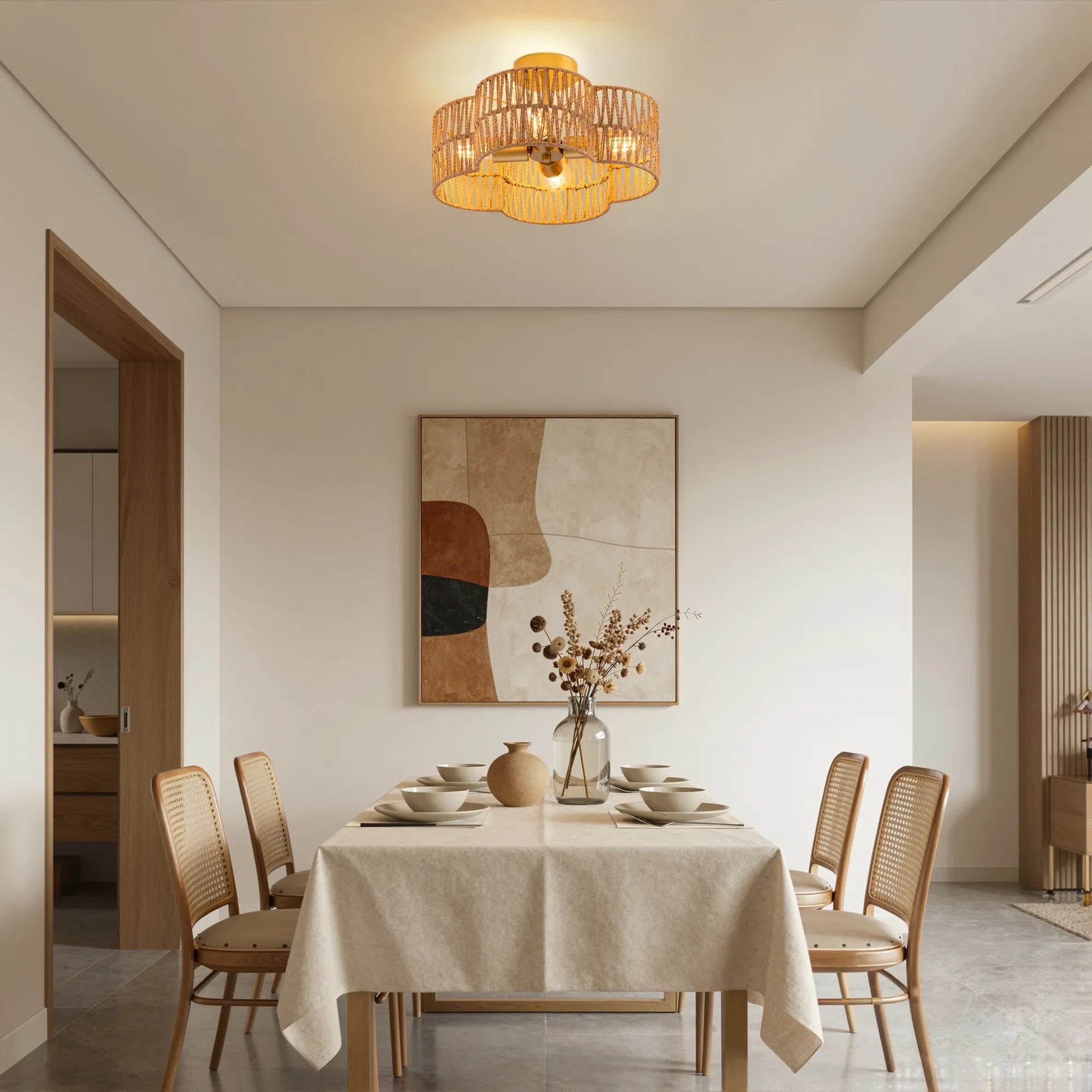 4-Light Woven Rattan Semi Flush Mount (17" )