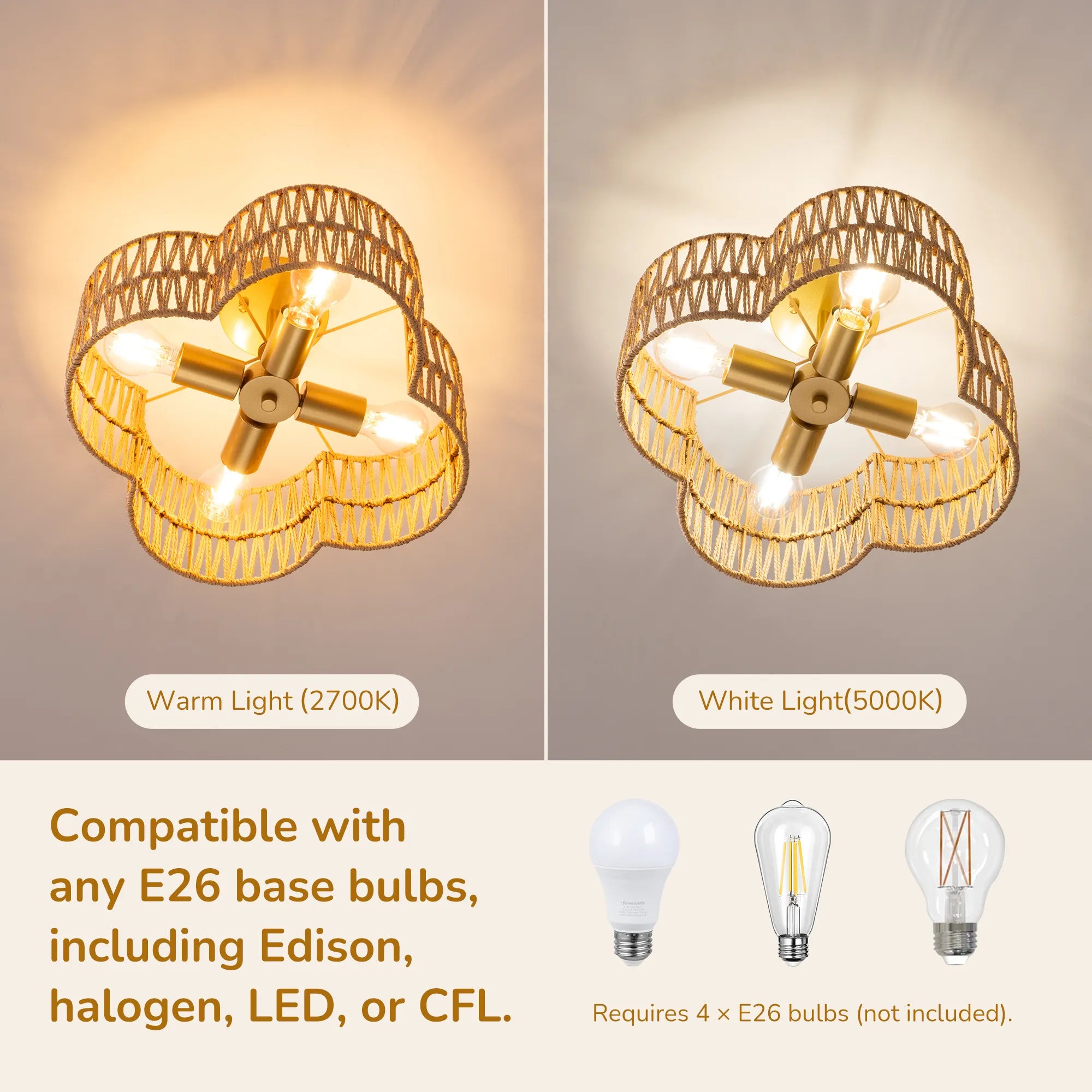 4-Light Woven Rattan Semi Flush Mount (17" )