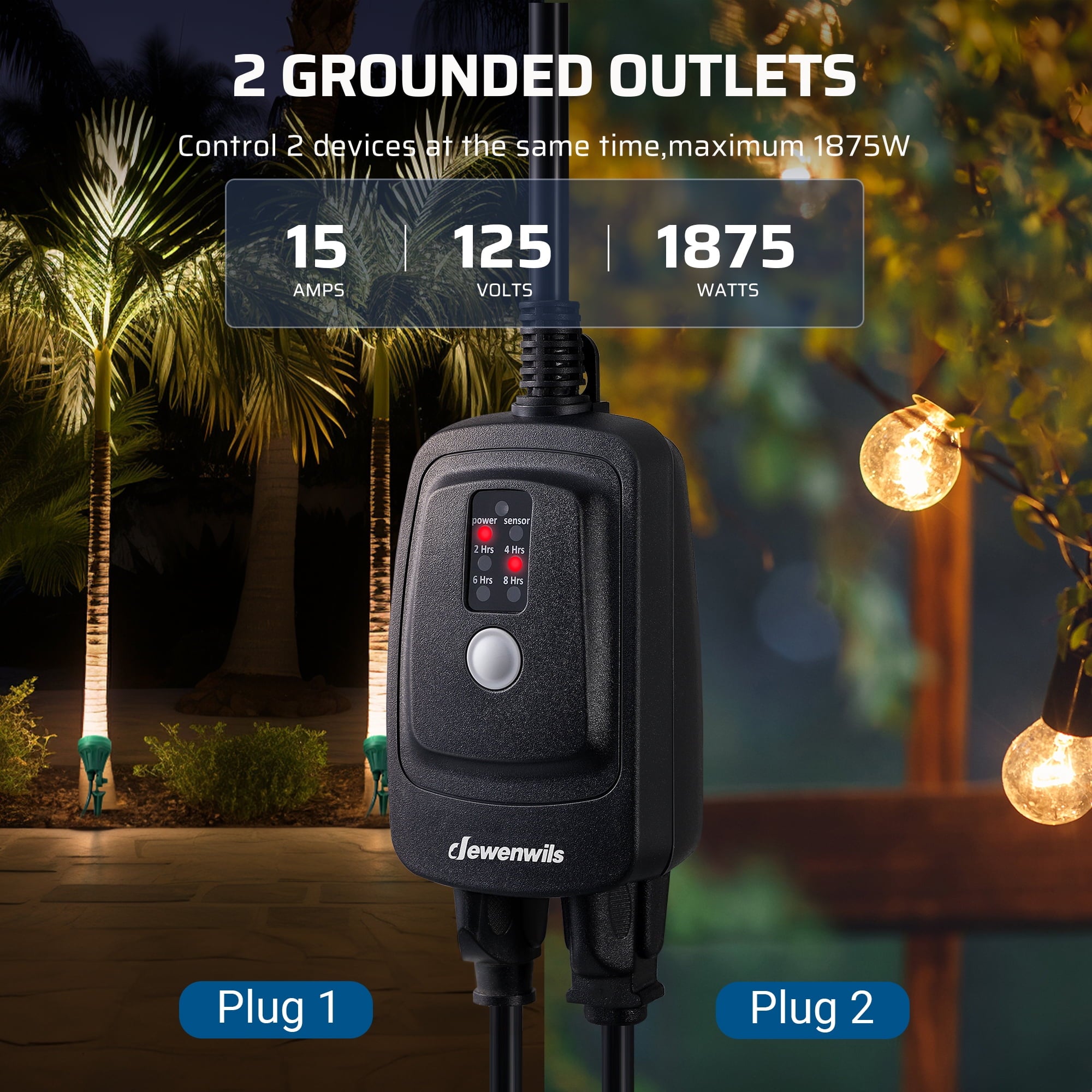DEWENWILS Outdoor Light Sensor Timer with Remote, Waterproof, Plug in Timer Switch, 100FT Range Remote Control with 2 Grounded Outlets for Outdoor String Lights, With 2 Remotes