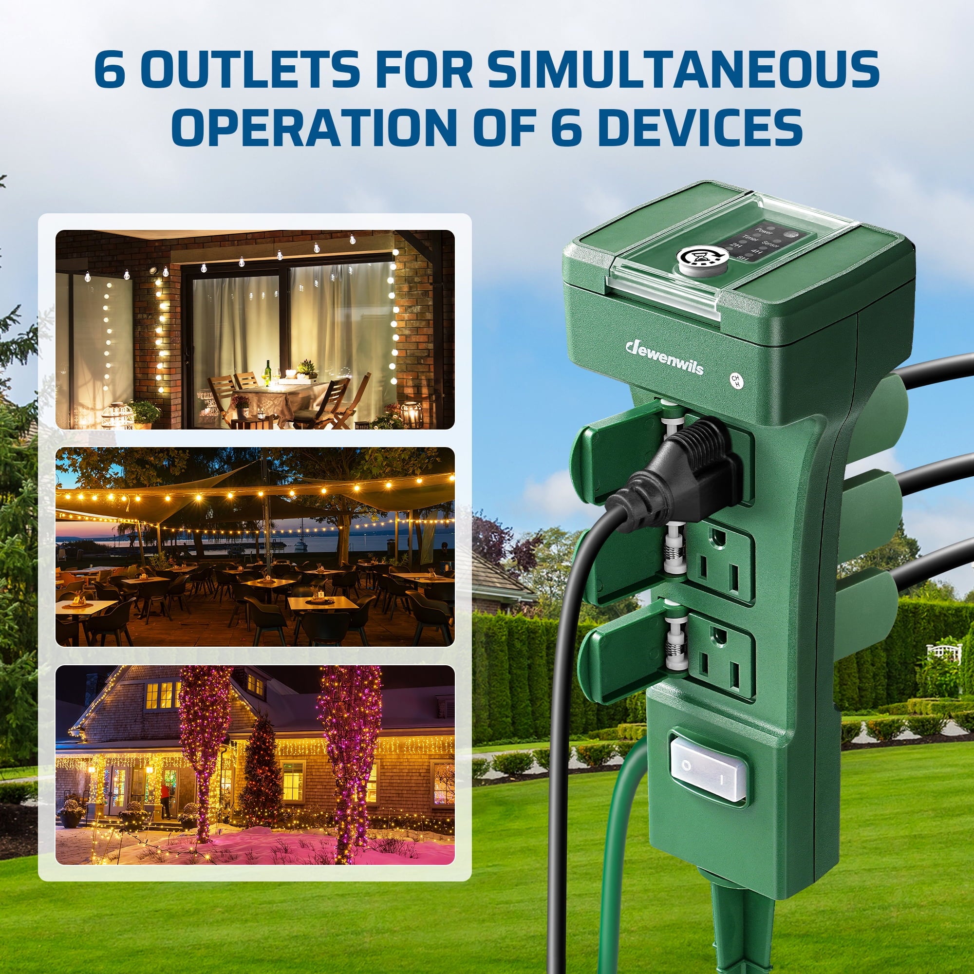 Outdoor Power Stake With Timer: Equipped with 6 grounded outlets to allow for the simultaneous operation of up to 6 outdoor devices at once.