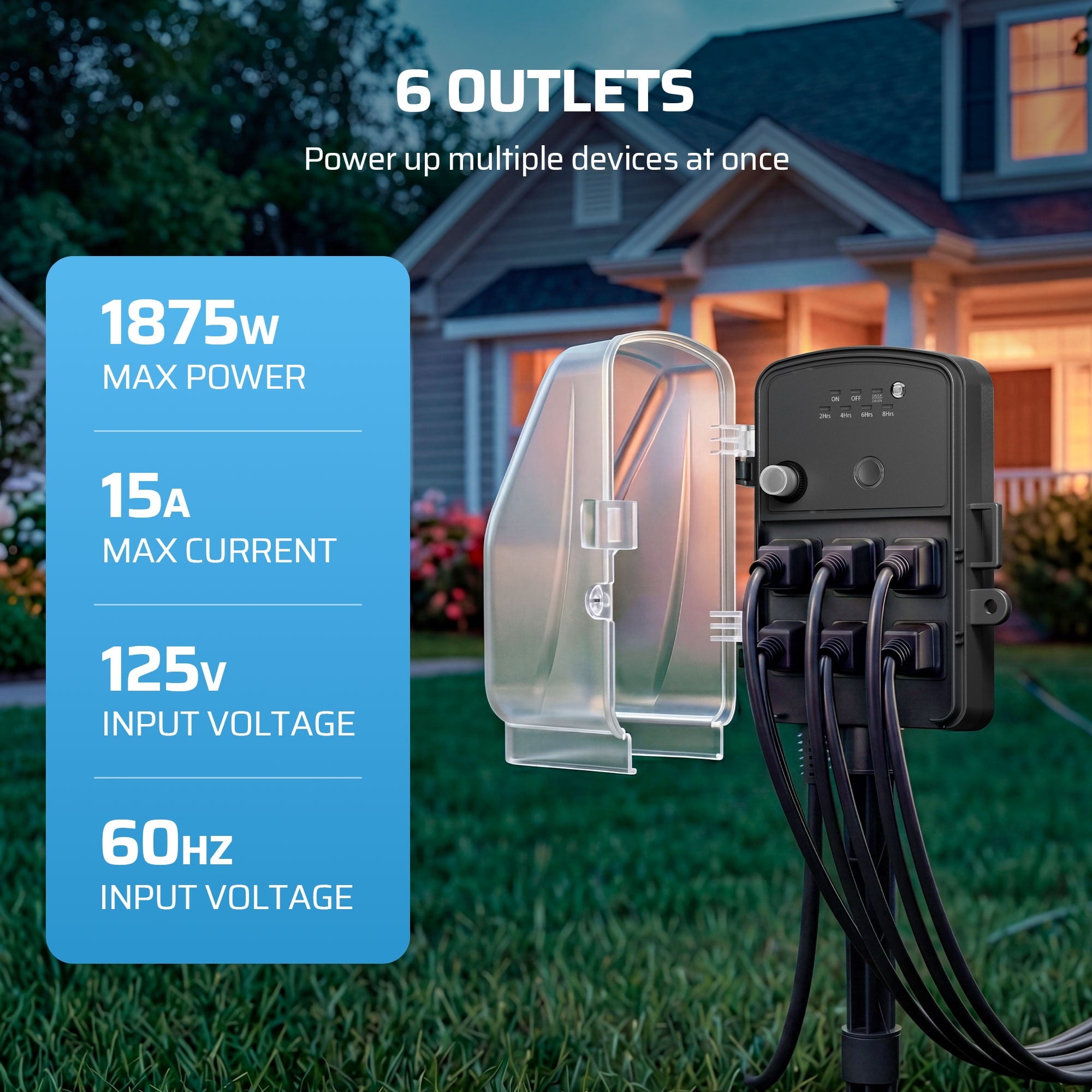 DEWENWILS 50FT Outdoor Power Stake Timer with 6 Outlets, 125VAC 15A, Light Sensor & Overload Protection, 4 Modes (Always On/Off/Photocell/Timer), Weatherproof, Black
