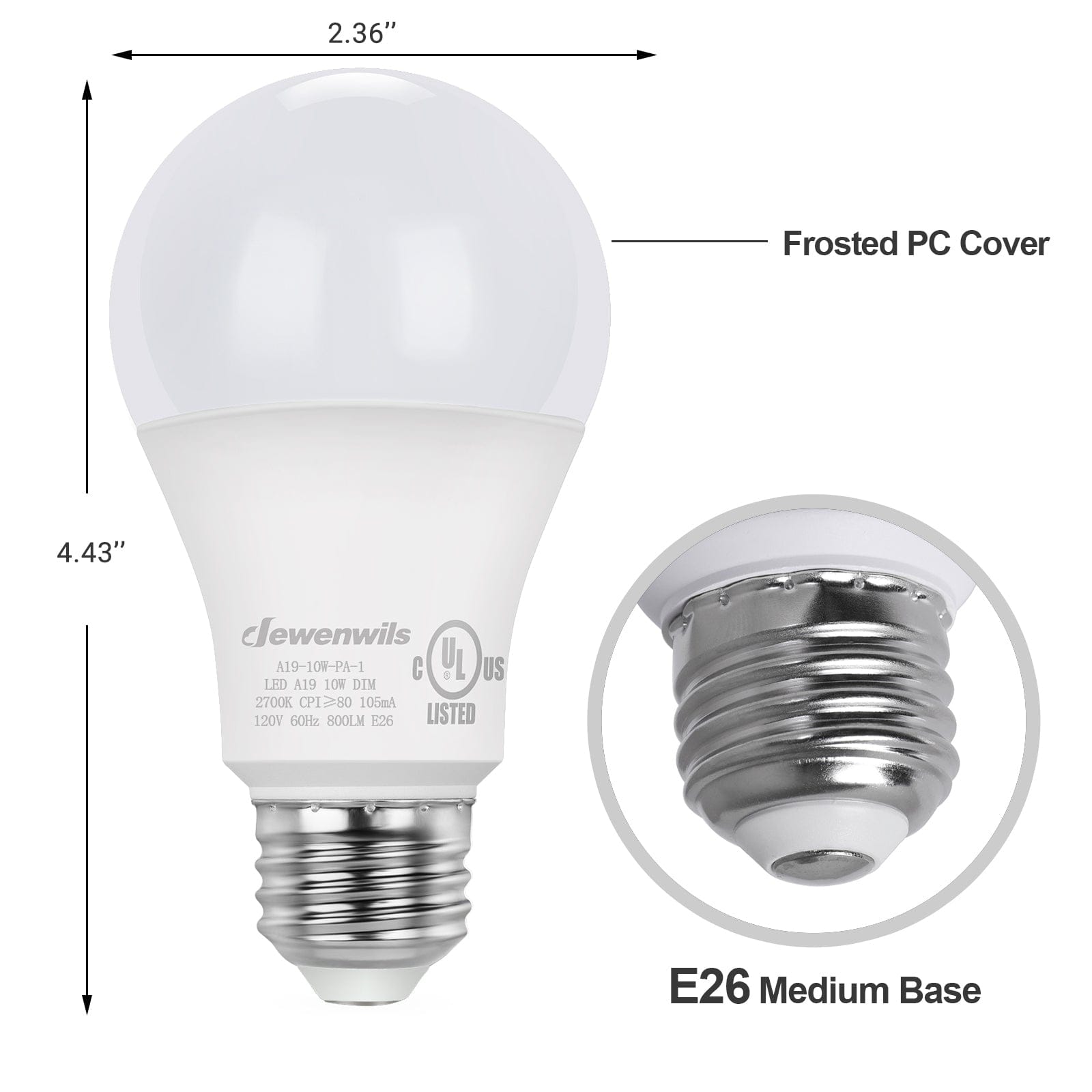 DEWENWILS 10-Pack Dimmable LED A19 Light Bulb, Soft White Light with Warm Glow, 800 Lumen, 2700K, 10W (60 Watt Equivalent), E26 Medium Screw Base-HDLA19K