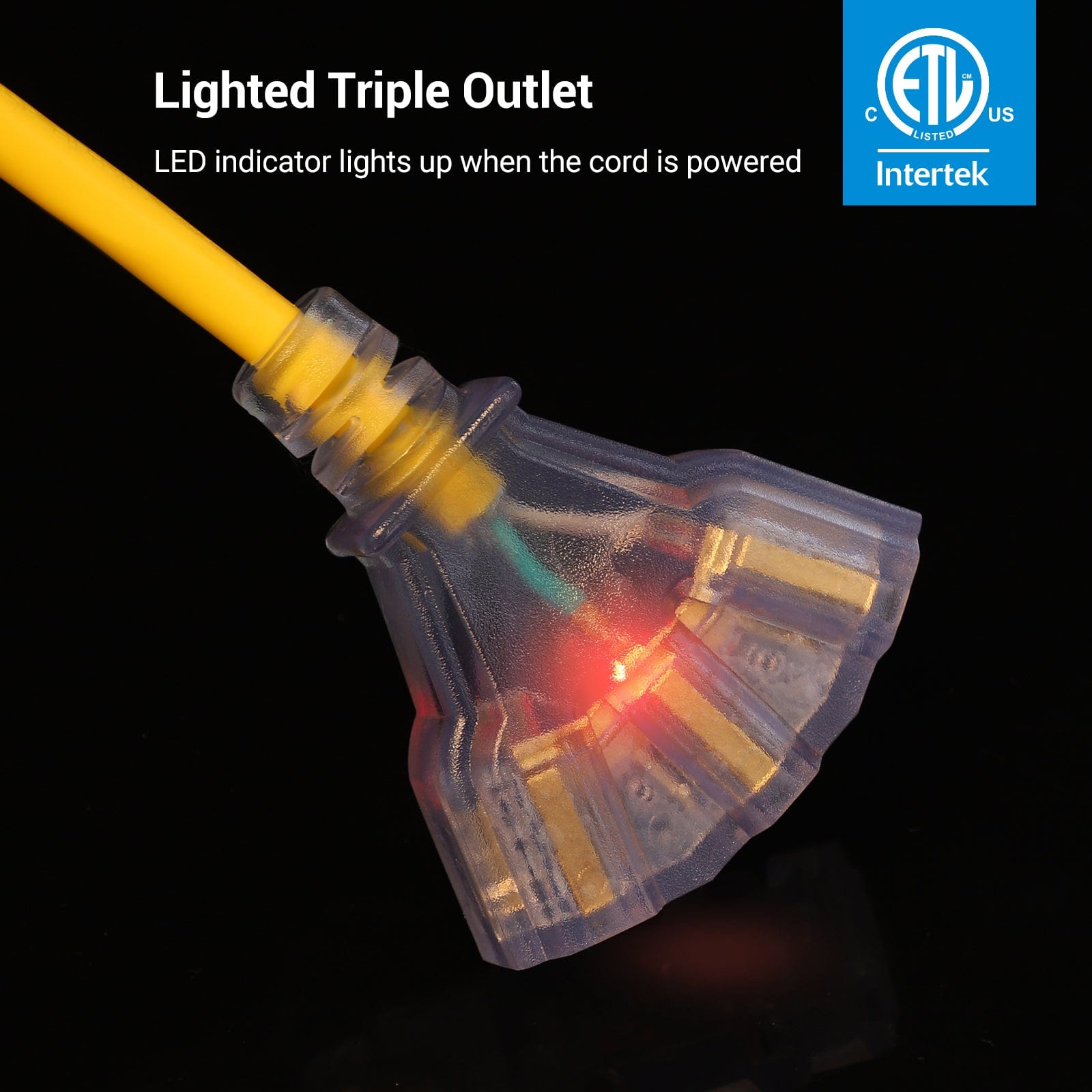 45ft retractable extension cord reel with lighted triple outlets and LED indicator for power status.