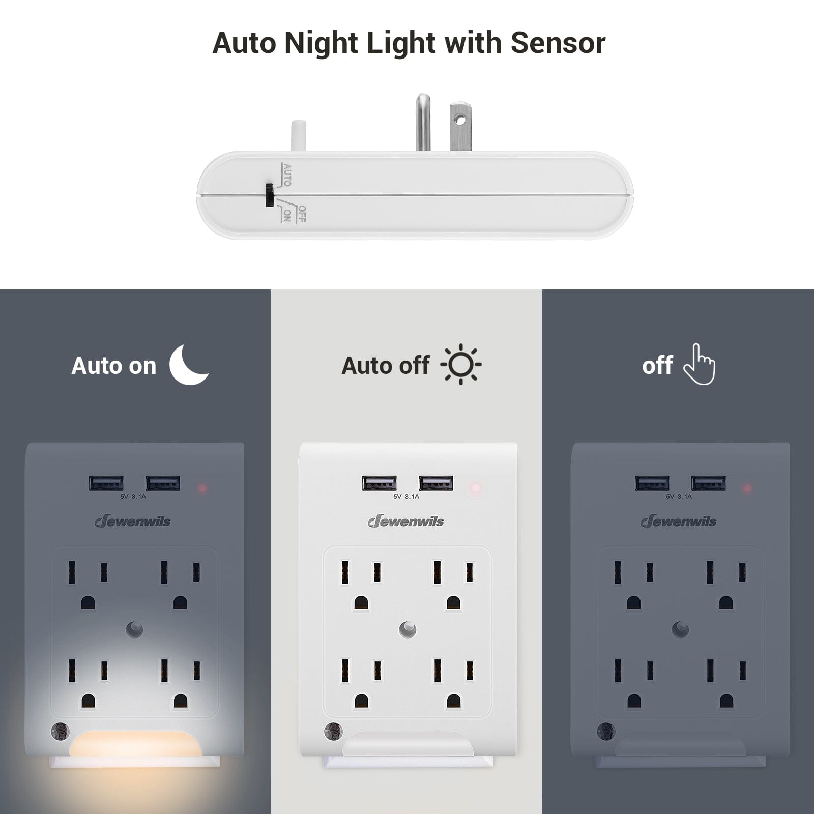 DEWENWILS 4-Outlet Extender, Wall Outlet Adapter with 2 USB Ports (3.1A Total), Light Sensor Night Light, 1080 Joules Surge Protector-HOU402C