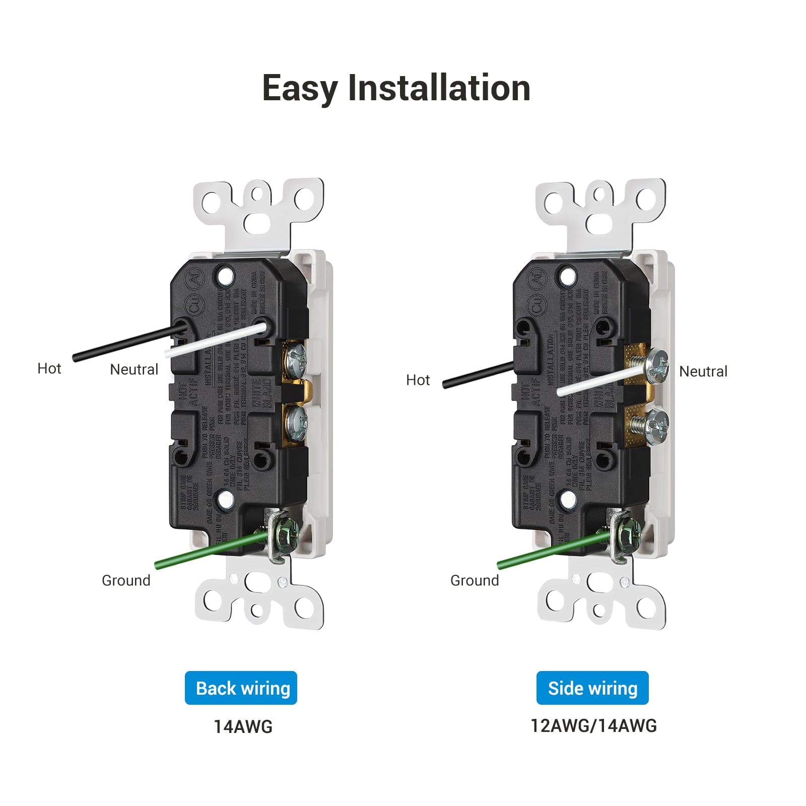 Wall Outlet: Easy installation with back wiring for 14AWG and side wiring support for 12–14AWG, clearly labeled hot, neutral, and ground for safe and efficient setup