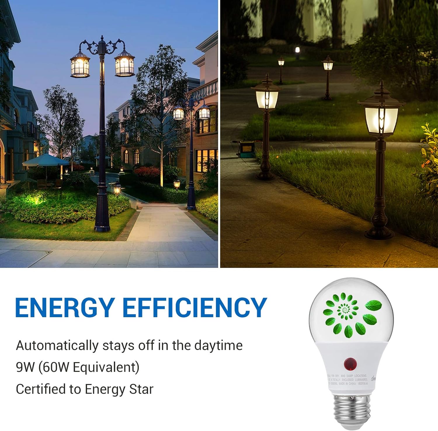 DEWENWILS Dusk to Dawn Light Bulbs, A19 LED Sensor Light Bulbs, 60W Equivalent LED Bulbs, Automatic On/Off, Dawn to Dusk Light Bulbs Outdoor, 2700K Soft Warm White, 9W, 800 LM, E26, 4 Pack-HLBA19A