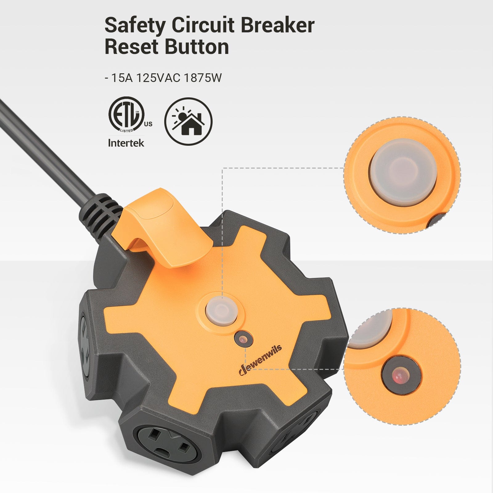 DEWENWILS 5-Outlet Power Strip with 25ft Heavy Duty Extension Cord, 14/3 SJTW for Garage, Workshop, 15A Circuit Breaker, Swivel Safety Covers-HOU525B