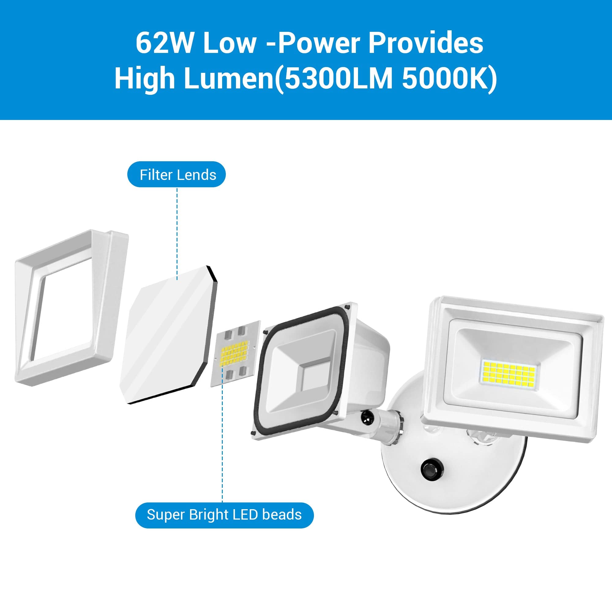 DEWENWILS 5,400 Lumens, Dusk to Dawn LED Flood Light Outdoor, 62W 5000K, IP65 Waterproof, 2 Adjustable Heads for Yard, Porch, Garage-HHSL03B