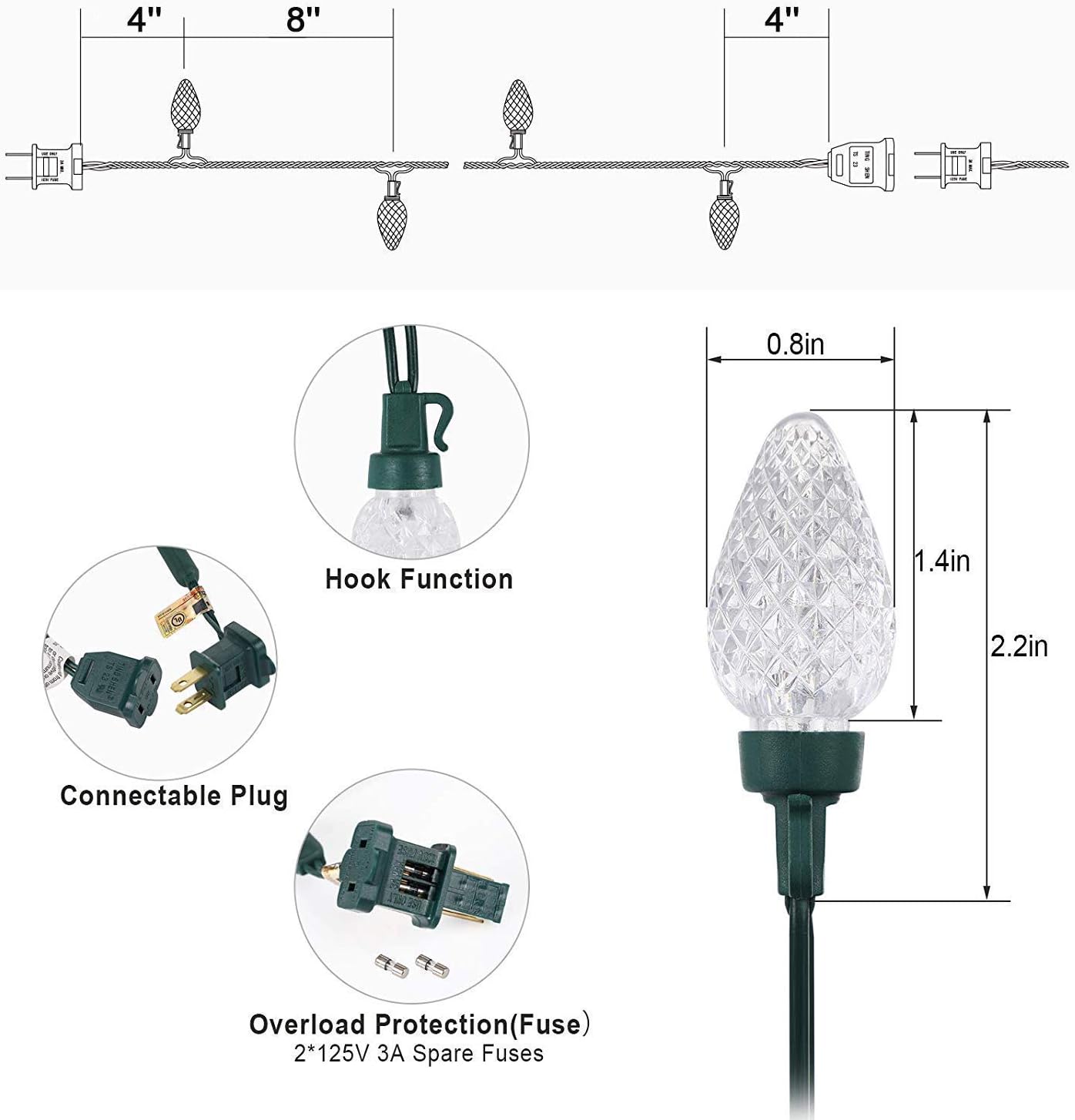DEWENWILS C7 LED Christmas Lights Outdoor, 33.3ft 50 LED Warm White String Lights, Outdoor Decorations for Christmas Tree, Patio, Garden, Yard, Green Wire-HCSL02C
