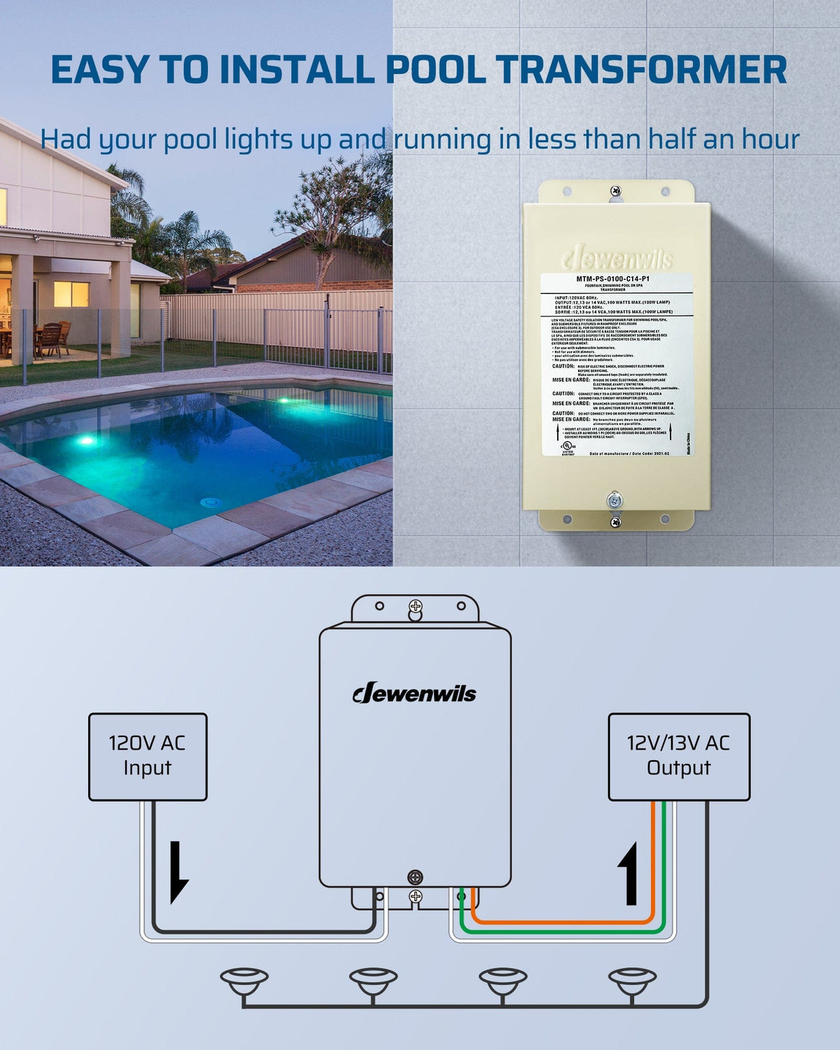 DEWENWILS 100W Low Voltage Transformer is an easy-to-install pool transformer, getting your pool lights up and running in under 30 minutes.