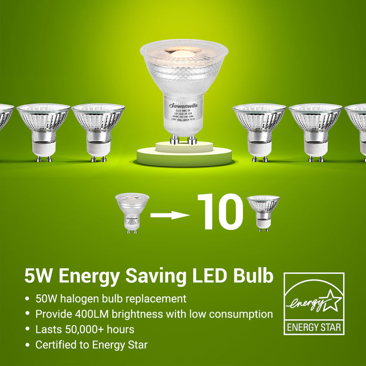 DEWENWILS 10-Pack GU10 LED Bulb Dimmable, 400LM, 3000K Warm White Track Light Bulbs, 5W(50W Halogen Equivalent) LED Bulbs for Spotlight, Range Hood HDGU10J