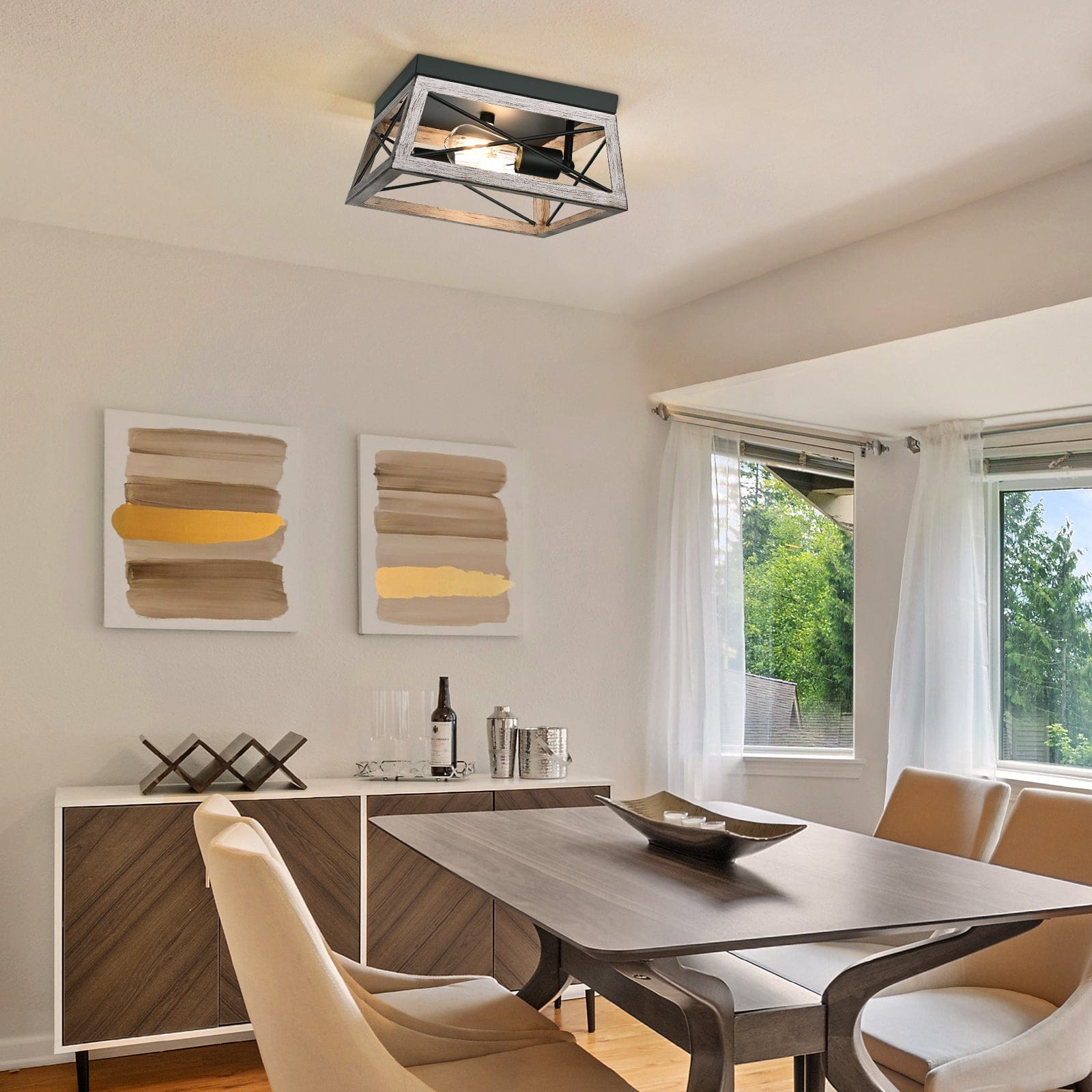 DEWENWILS Farmhouse Flush Mount Ceiling Light, Metal Ceiling Light Fixture with Wood Grain Finish, 2-Lights Hallway Light Fixture Ceiling Mount for Entryway, Foyer, Dining Room-HFCL02C