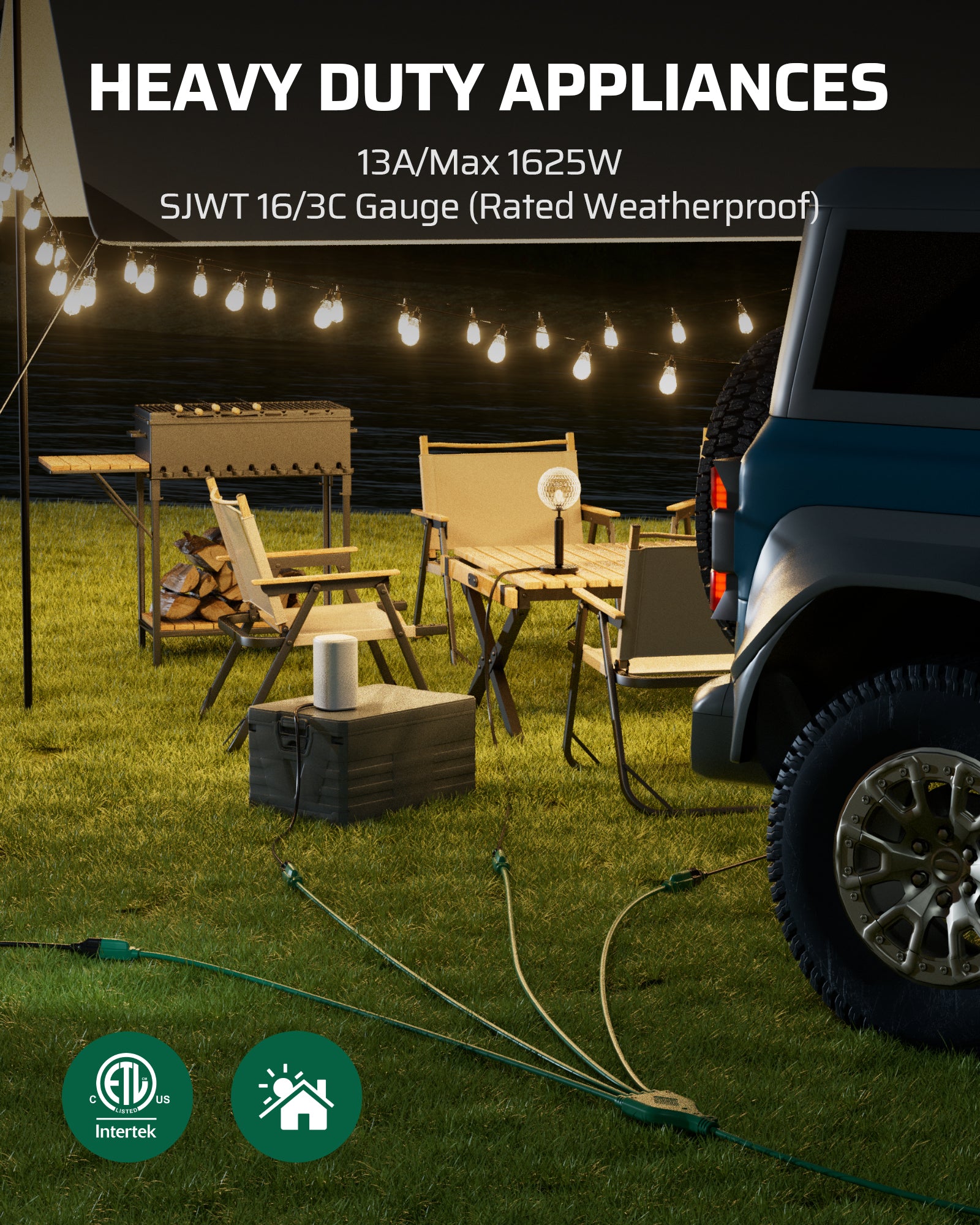 DEWENWILS Total 46FT Outdoor Extension Cord with 1 to 4 Splitter (22+4 * 6FT, Max 28FT from End to End), Green Extension Cord, SJTW Outdoor Extension Cord-HSC104E