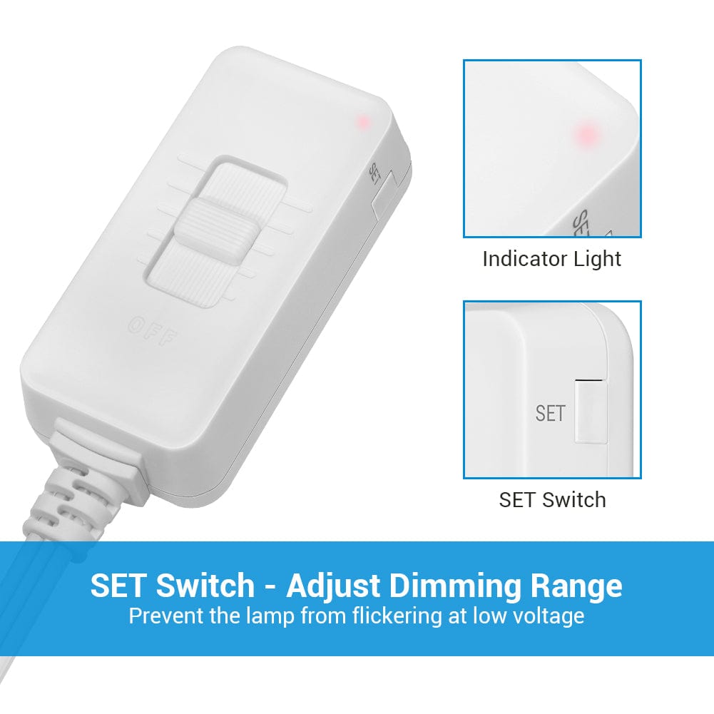 Dimmer Switch: SET switch adjusts dimming range to prevent lamp flickering at low voltage