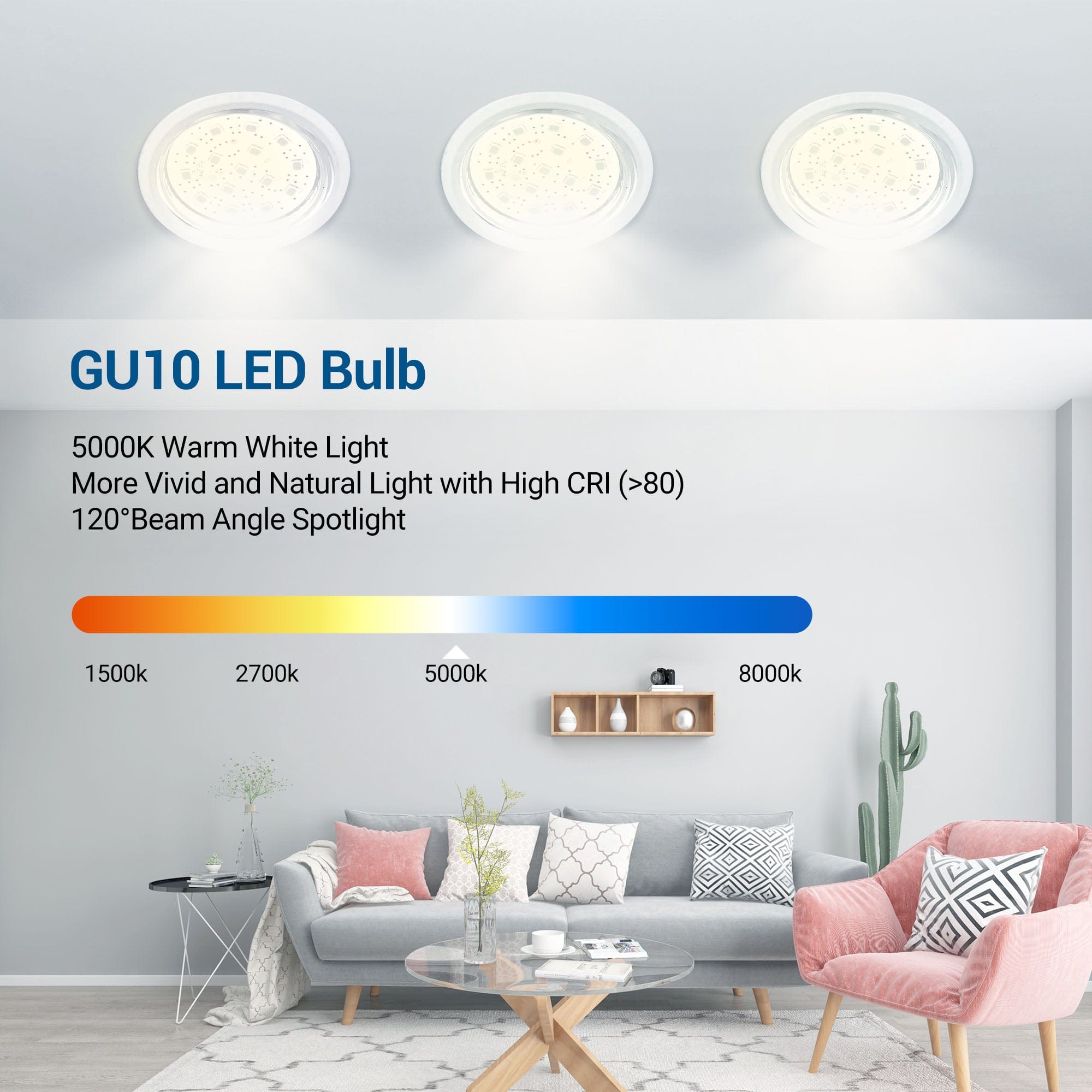 Dimmable Light Bulb: GU10 LED bulb with 5000K warm white light, high CRI (>80) for vivid and natural color rendering, and 120° beam angle for wide, balanced illumination coverage
