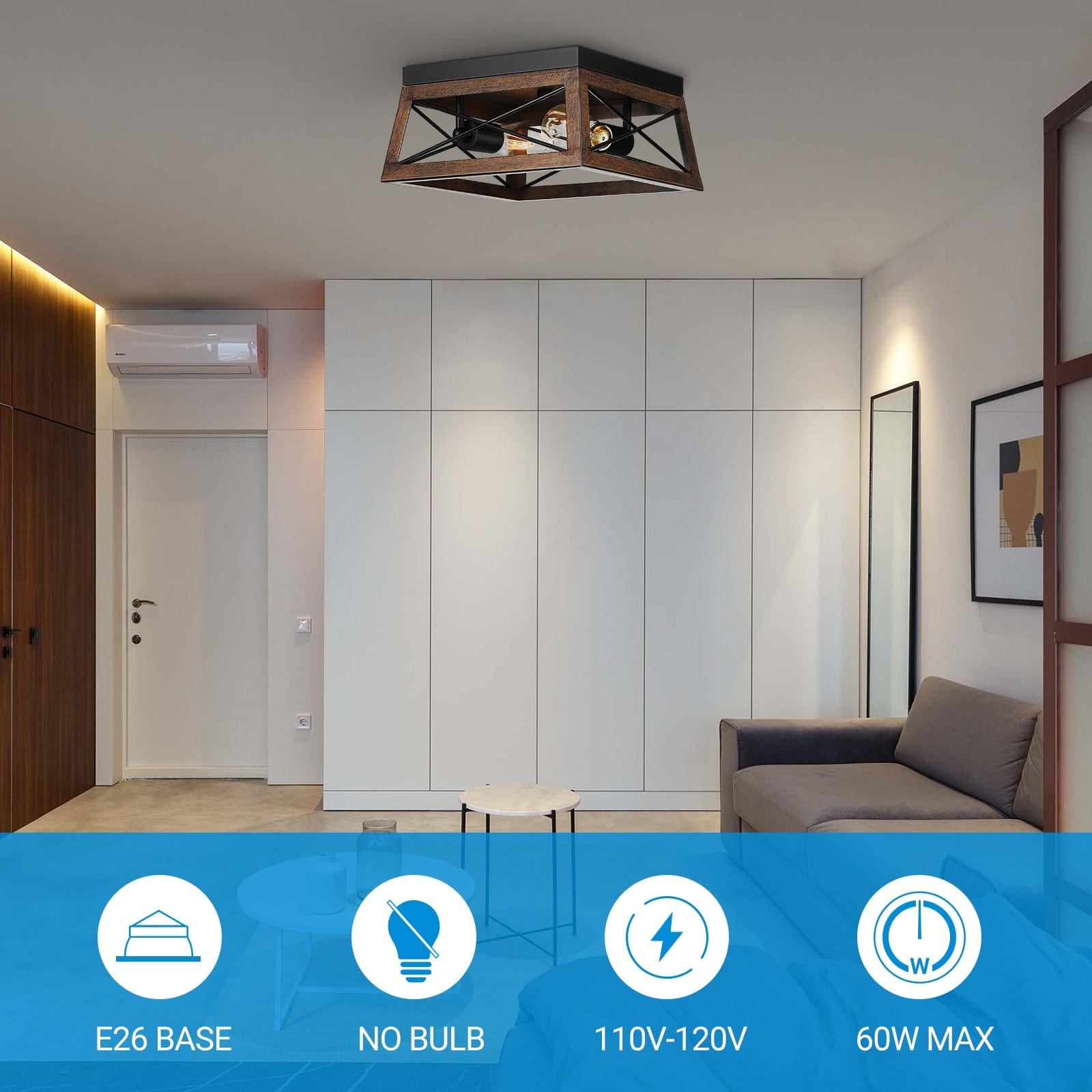 DEWENWILS Farmhouse Ceiling Light Fixture, Metal Flush Mount Ceiling Light with Wood Grain Finish, 2-Lights Ceiling Lamp for for Hallway, Entryway, Kitchen, Foyer-HFCL02B