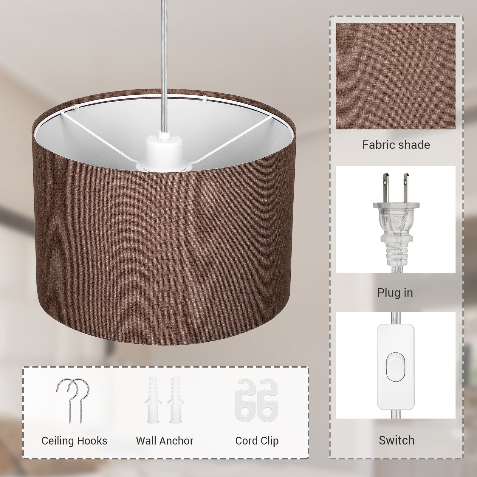DEWENWILS Plug in Pendant Light, Hanging Lamp with 15Ft Clear Cord, On/Off Switch, Fabric Lamp Shade, Hanging Light Fixture for Bedroom, Kitchen, Living Room, Dining Table-WHPIP09D