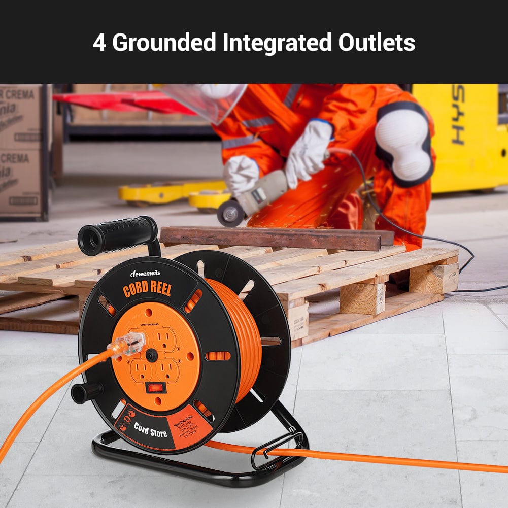Extension Cord Storage Reel: Features 4 grounded integrated outlets, a manual winding handle, and a 10A circuit breaker for safe, organized power distribution.