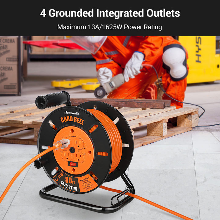  DEWENWILS Extension Cord Storage Reel, Heavy Duty Open Cord  Reel with 4-Grounded Outlets, 12/3,14/3,16/3 Gauge Power Cord Reel, Hand  Wind Retractable, 15A Circuit Breaker, Orange : Electronics