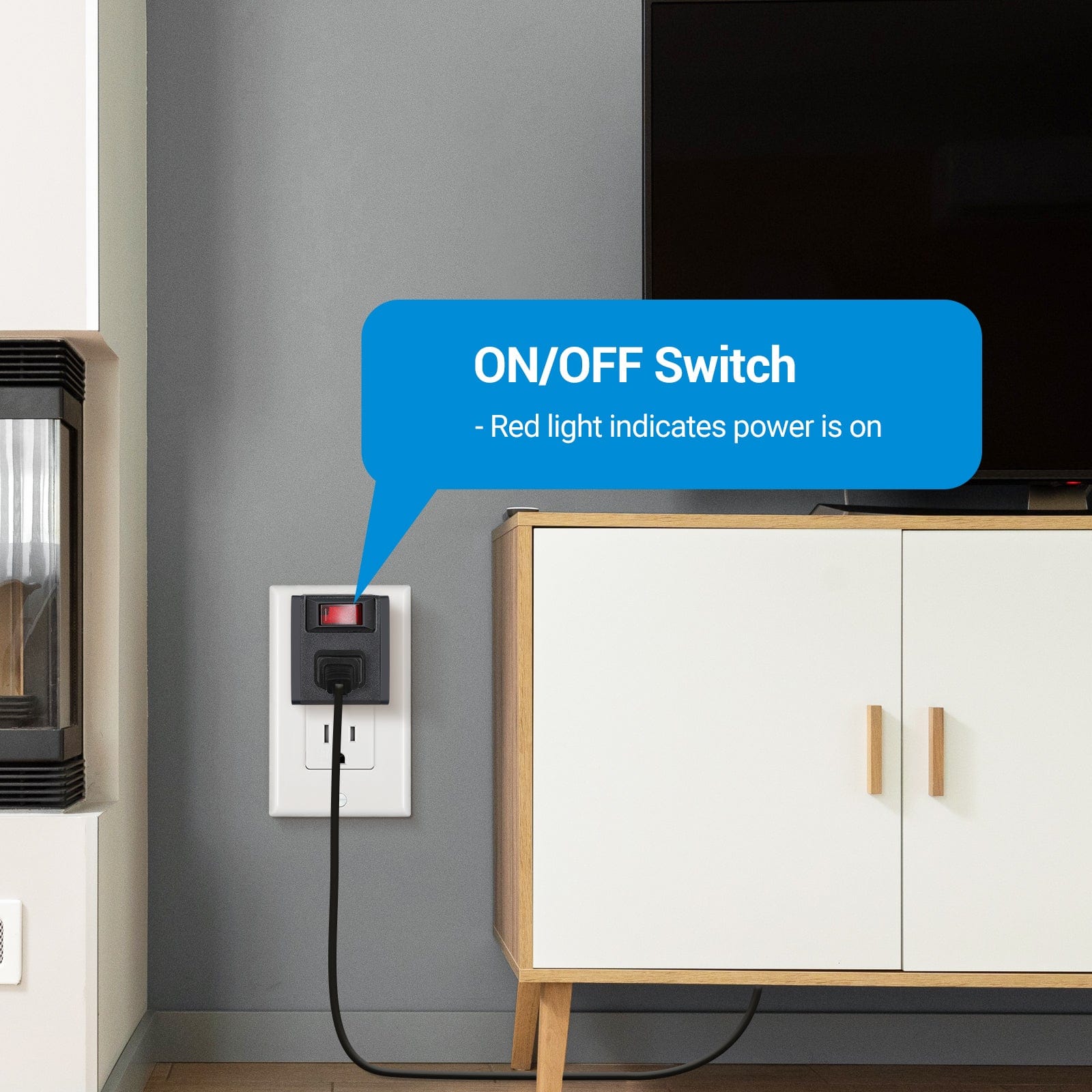 3 Prong Electrical Plug Outlet Switch: on/off switch with red indicator light to show when power is active for easy and safe control of connected devices