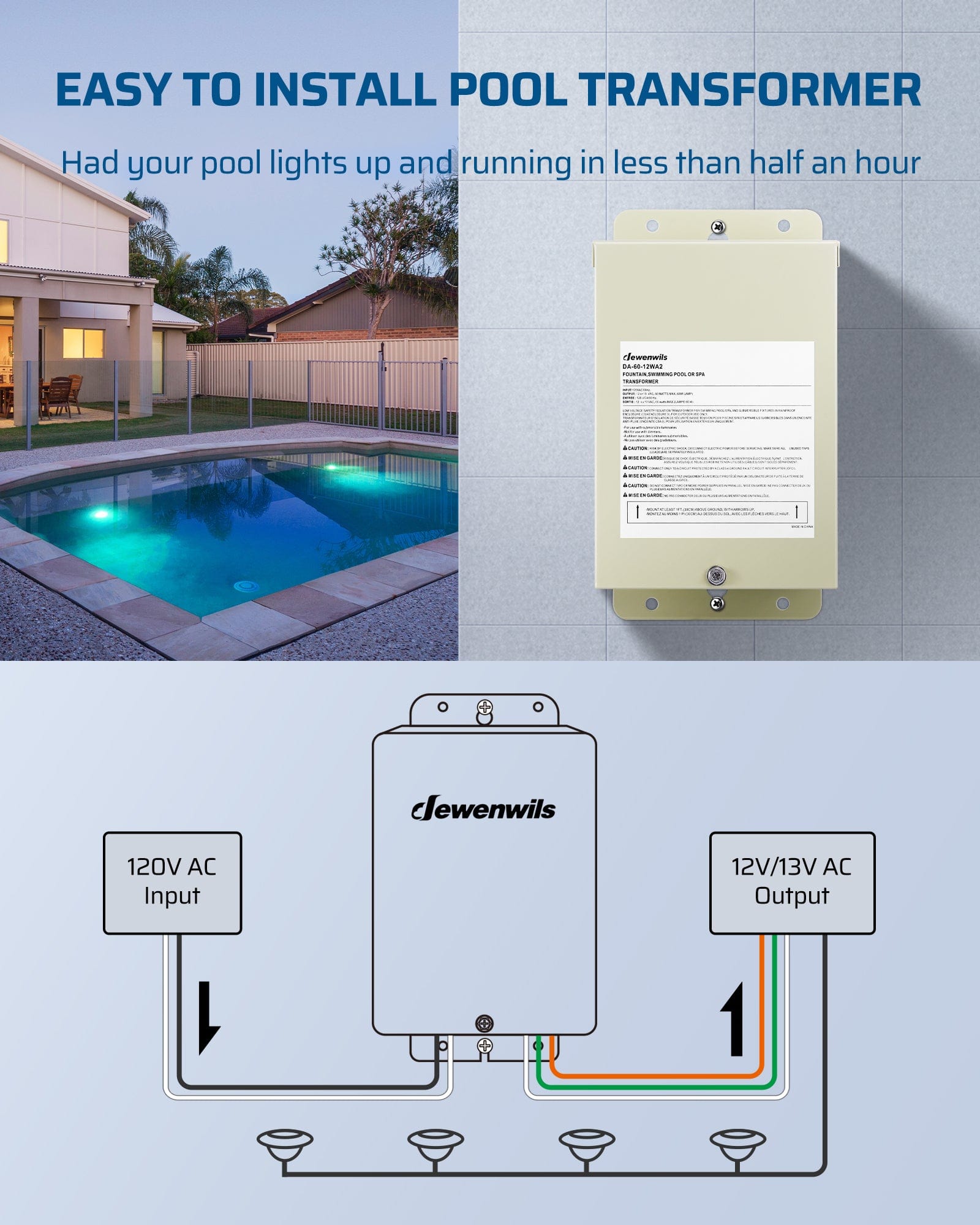 DEWENWILS 60W Pool Light Low Voltage Transformer, easy to install and ready in under 30 minutes